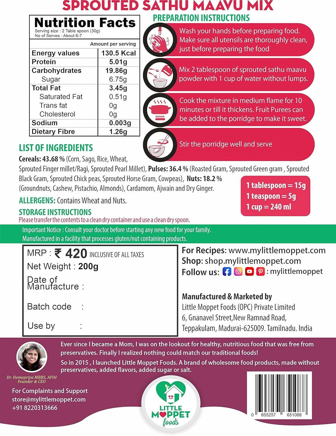 Little Moppet Foods Sprouted Sathu Maavu Mix for Babies - Free from Added Salt & Sugar with 6 Sprouted Ingredients