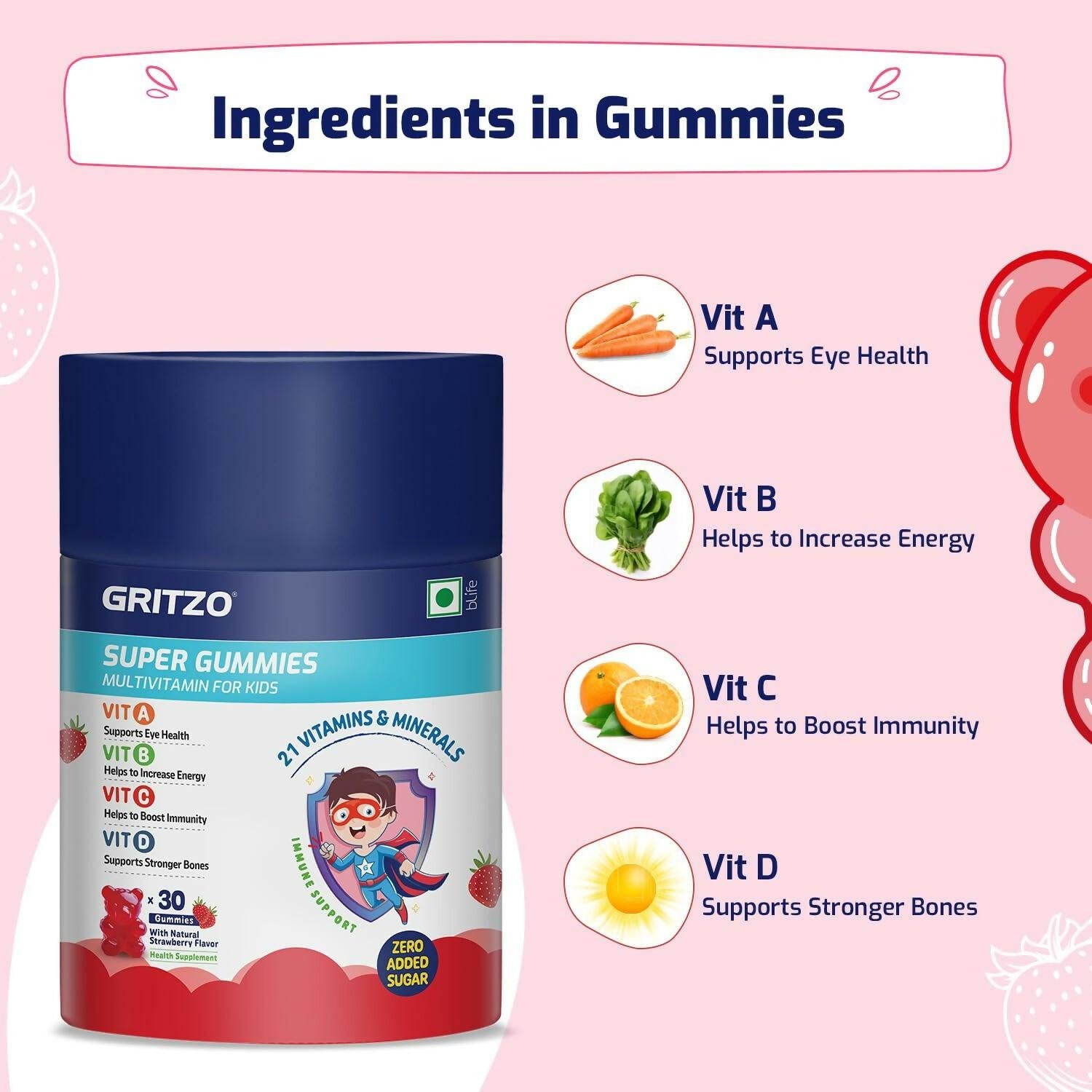 Gritzo Super Gummies, Multivitamin for Kids (Natural Strawberry Flavor)