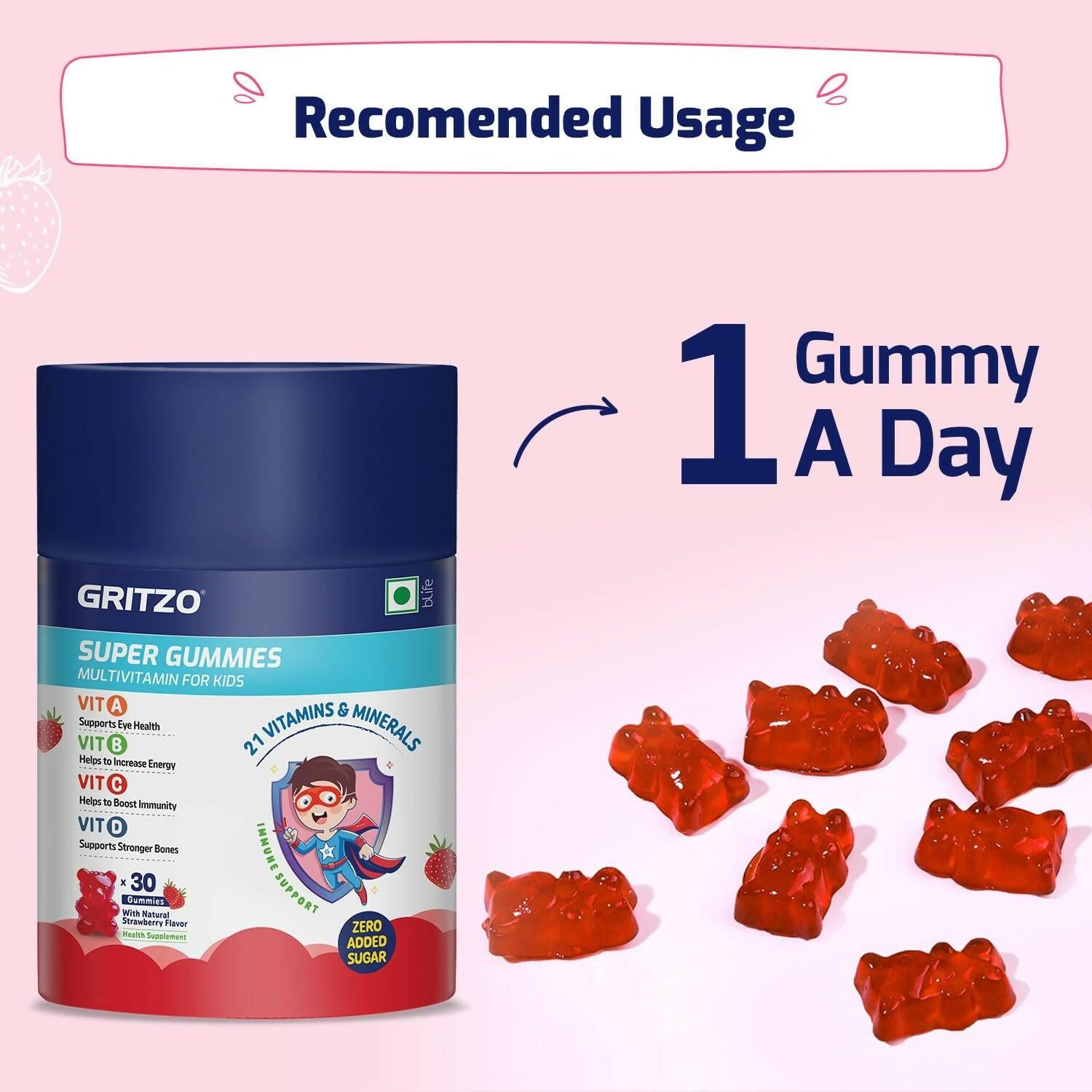 Gritzo Super Gummies, Multivitamin for Kids (Natural Strawberry Flavor)