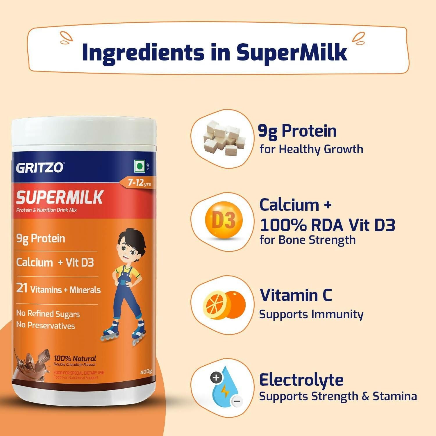 Gritzo SuperMilk Overall Growth (7-12y Boys), 9g Protein (Double Chocolate, Zero Refined Sugar, 21 Vitamins & Minerals