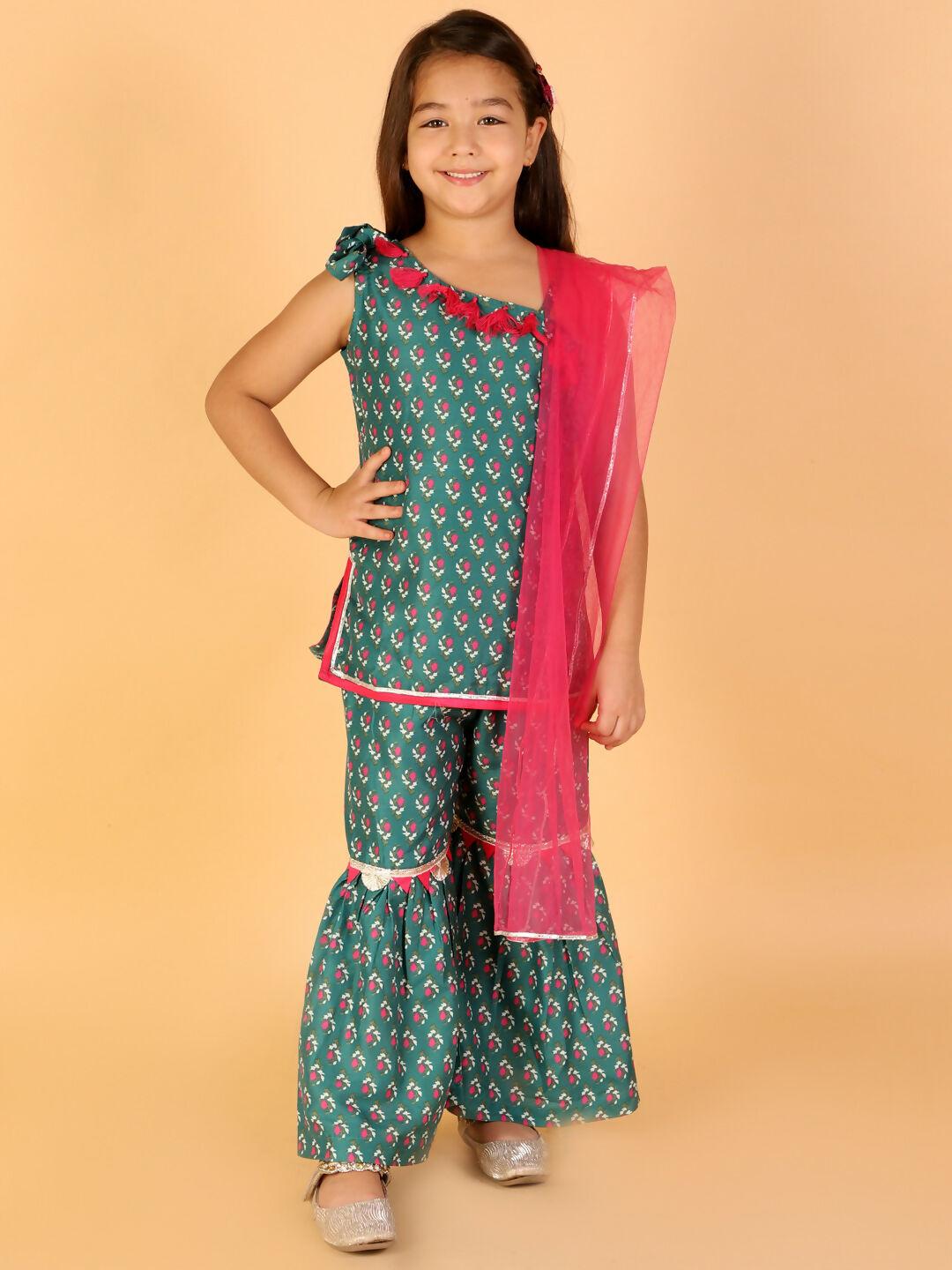 Lil Drama Girls Kurta with Sharara with Dupatta set - Green