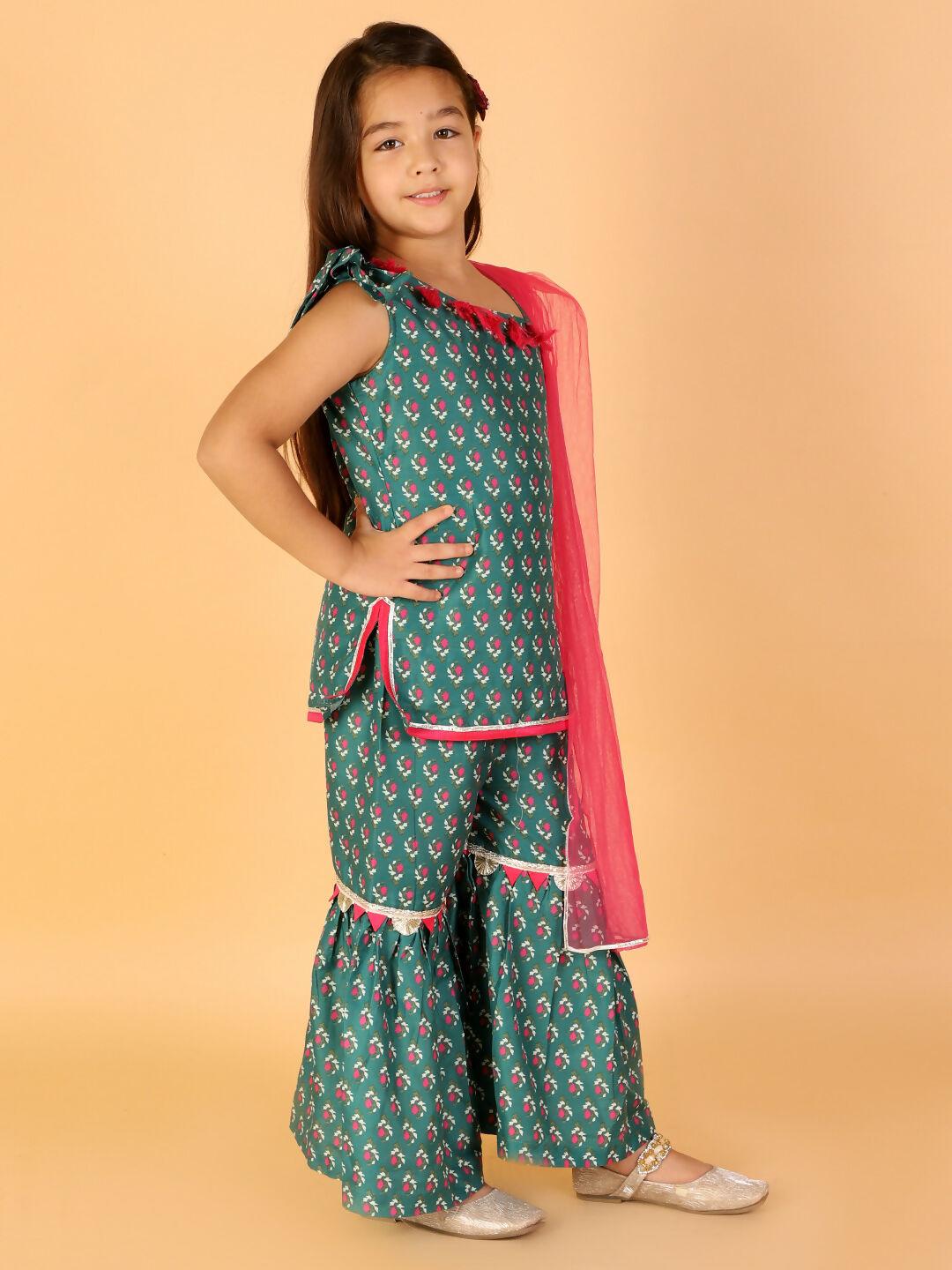 Lil Drama Girls Kurta with Sharara with Dupatta set - Green