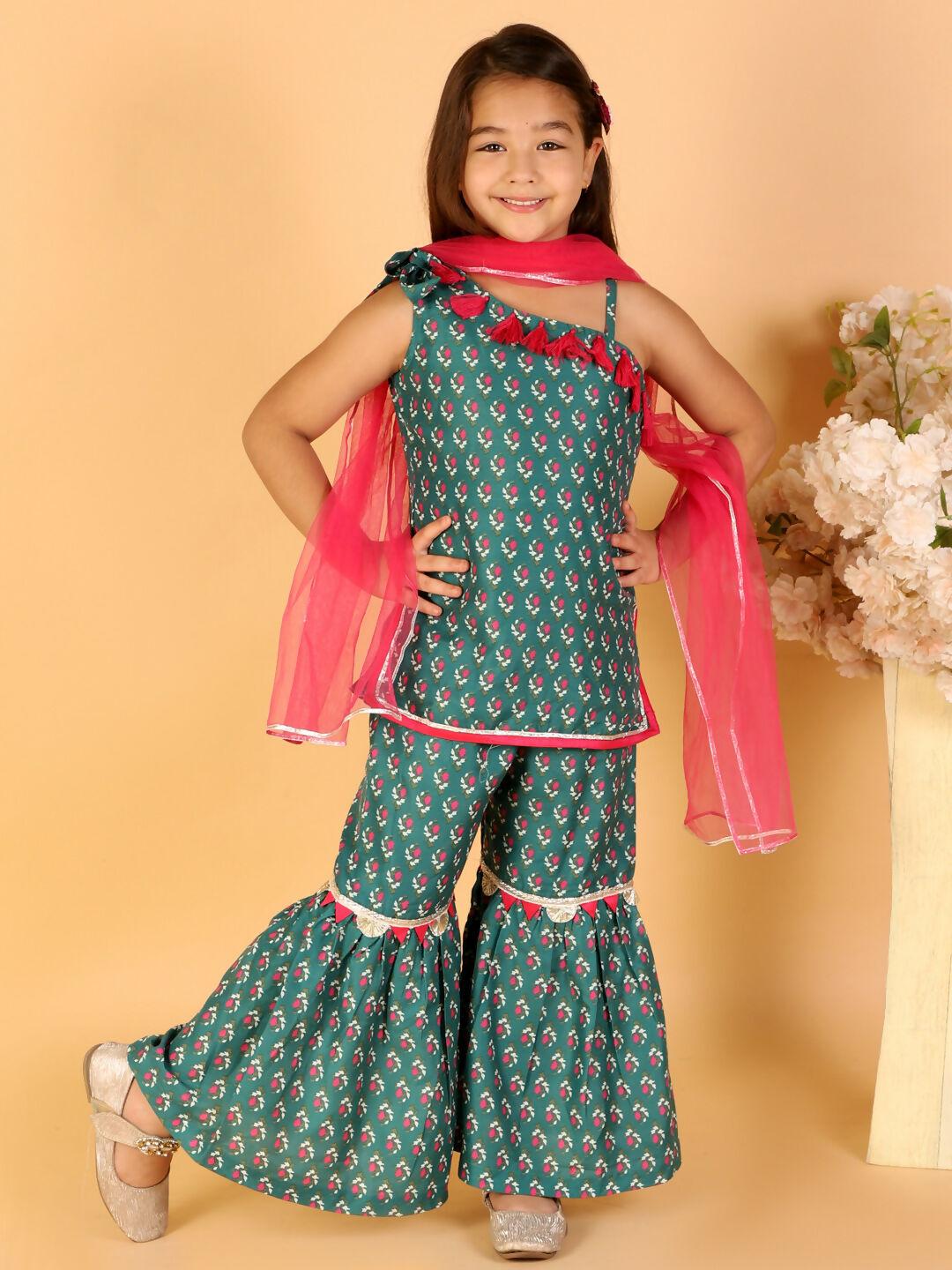 Lil Drama Girls Kurta with Sharara with Dupatta set - Green