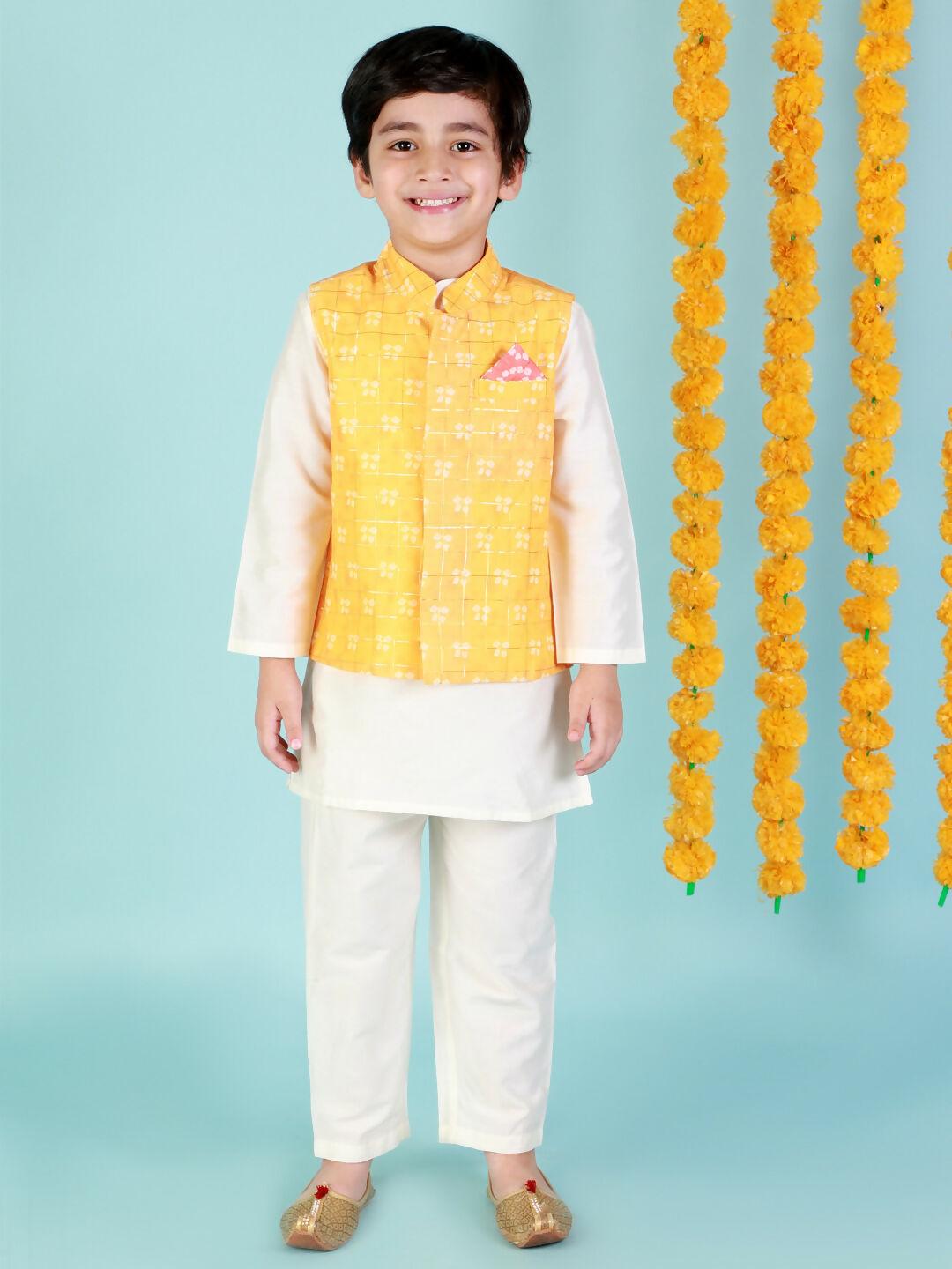 Lil Drama Boys Kurta Pyjama with jacket set - White