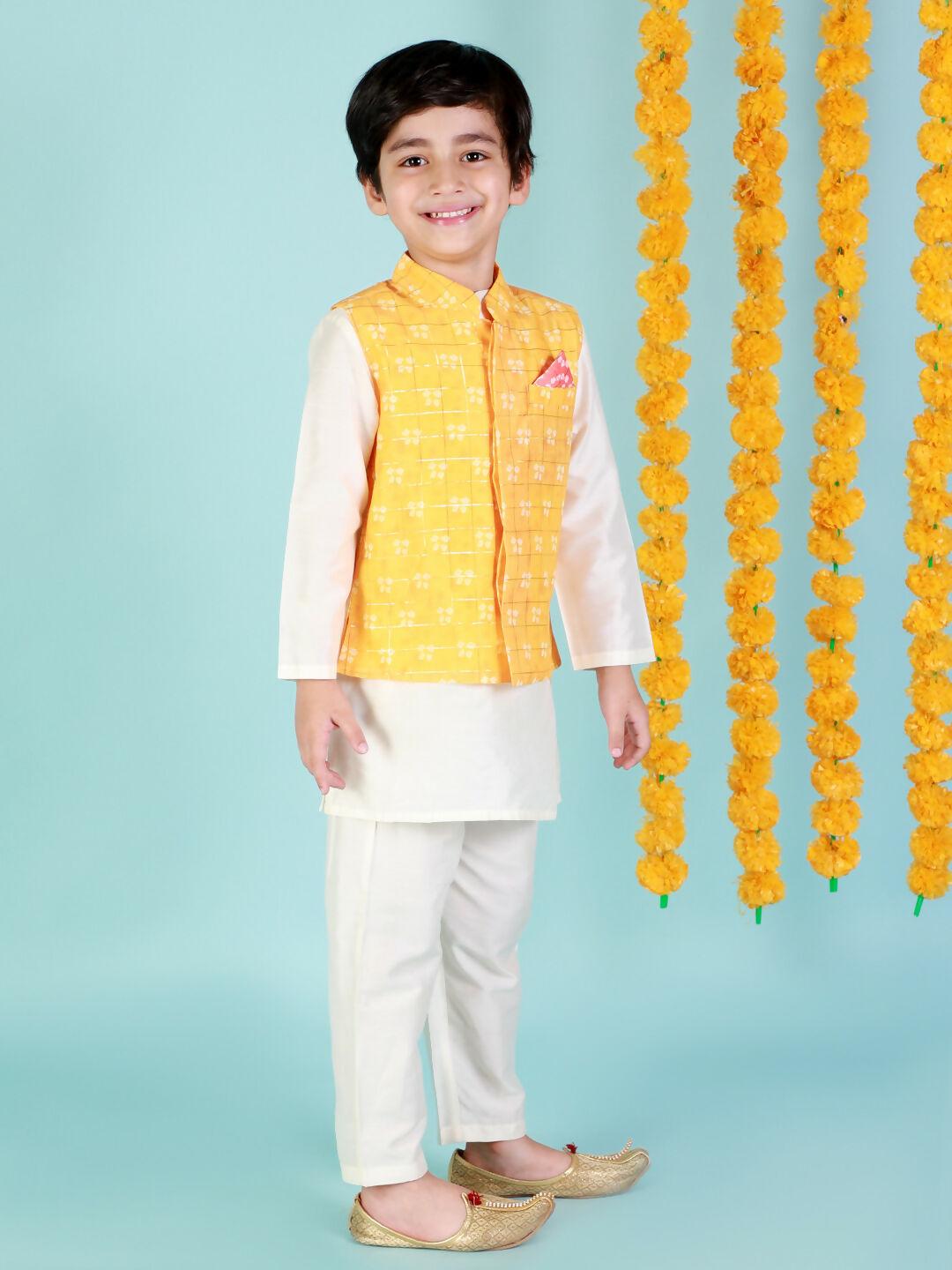 Lil Drama Boys Kurta Pyjama with jacket set - White