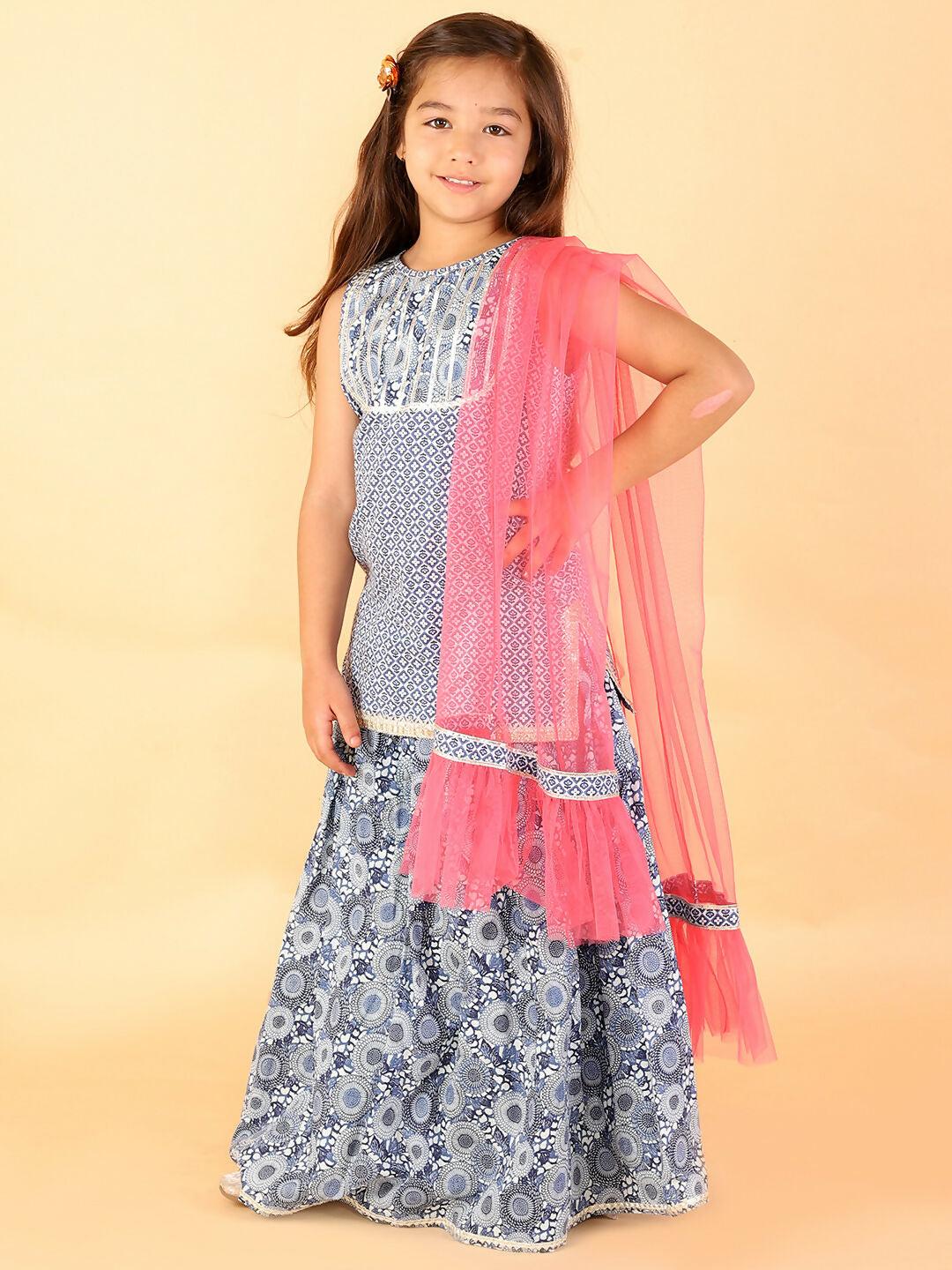 Lil Drama Girls Kurta Ghaghra with dupatta set - Navy Blue