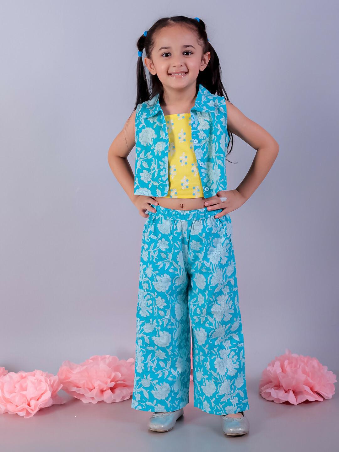 Lil Drama Jaipur Girls Blue Printed Top with Printed Pant Co-ordinate Set