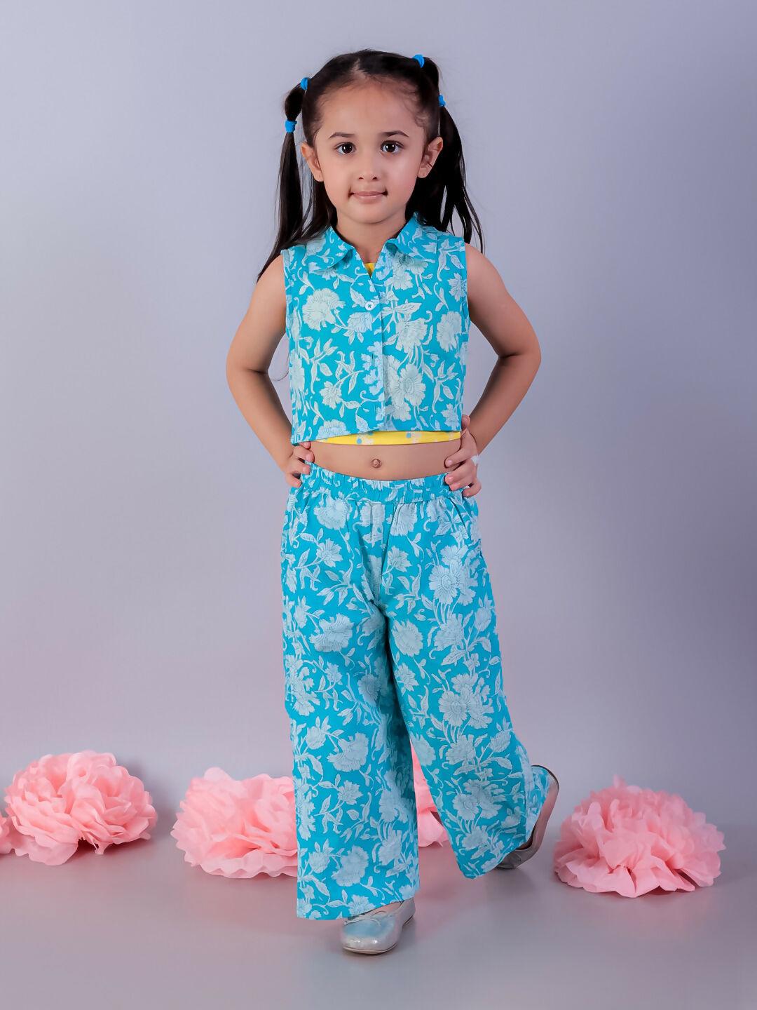 Lil Drama Jaipur Girls Blue Printed Top with Printed Pant Co-ordinate Set