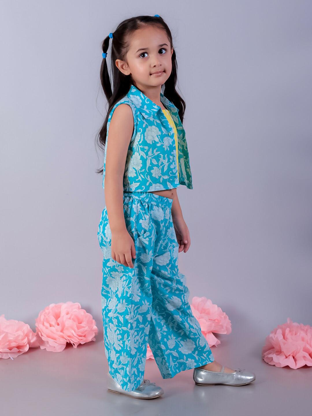 Lil Drama Jaipur Girls Blue Printed Top with Printed Pant Co-ordinate Set