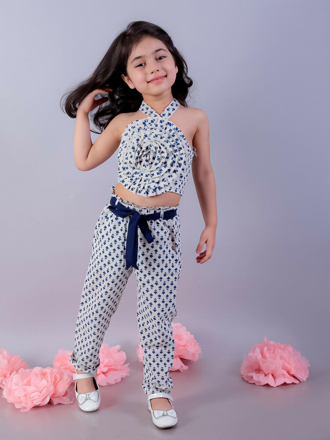 Lil Drama Jaipur Girls White Printed Top with Printed Pant Co-ordinate Set