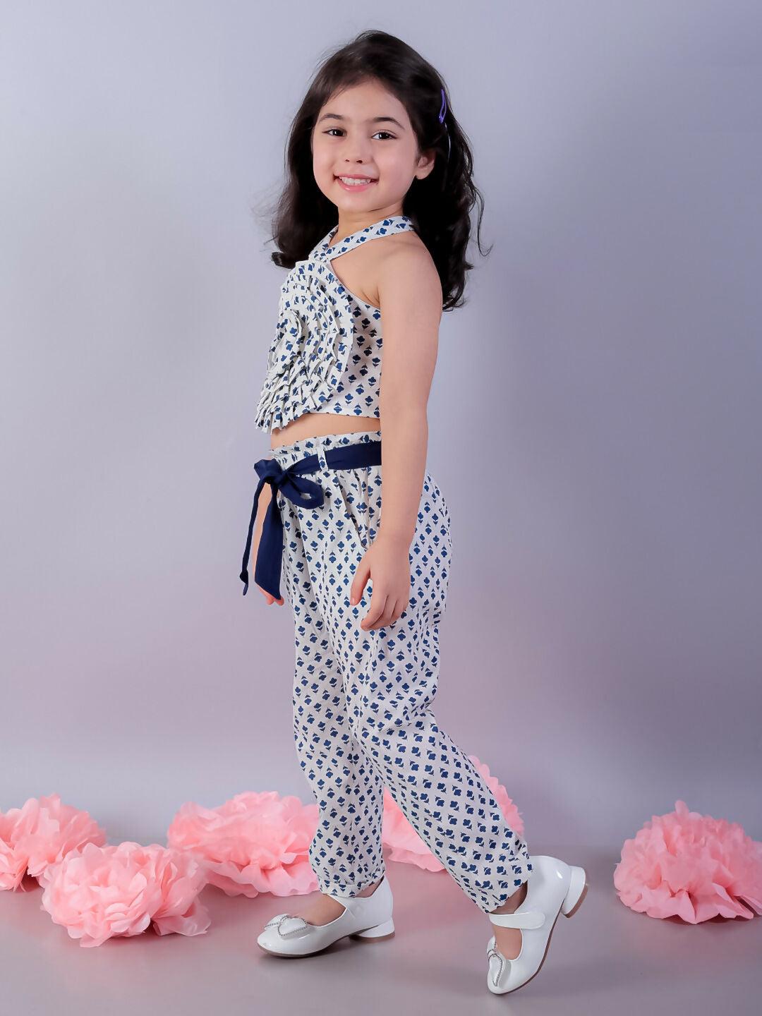 Lil Drama Jaipur Girls White Printed Top with Printed Pant Co-ordinate Set