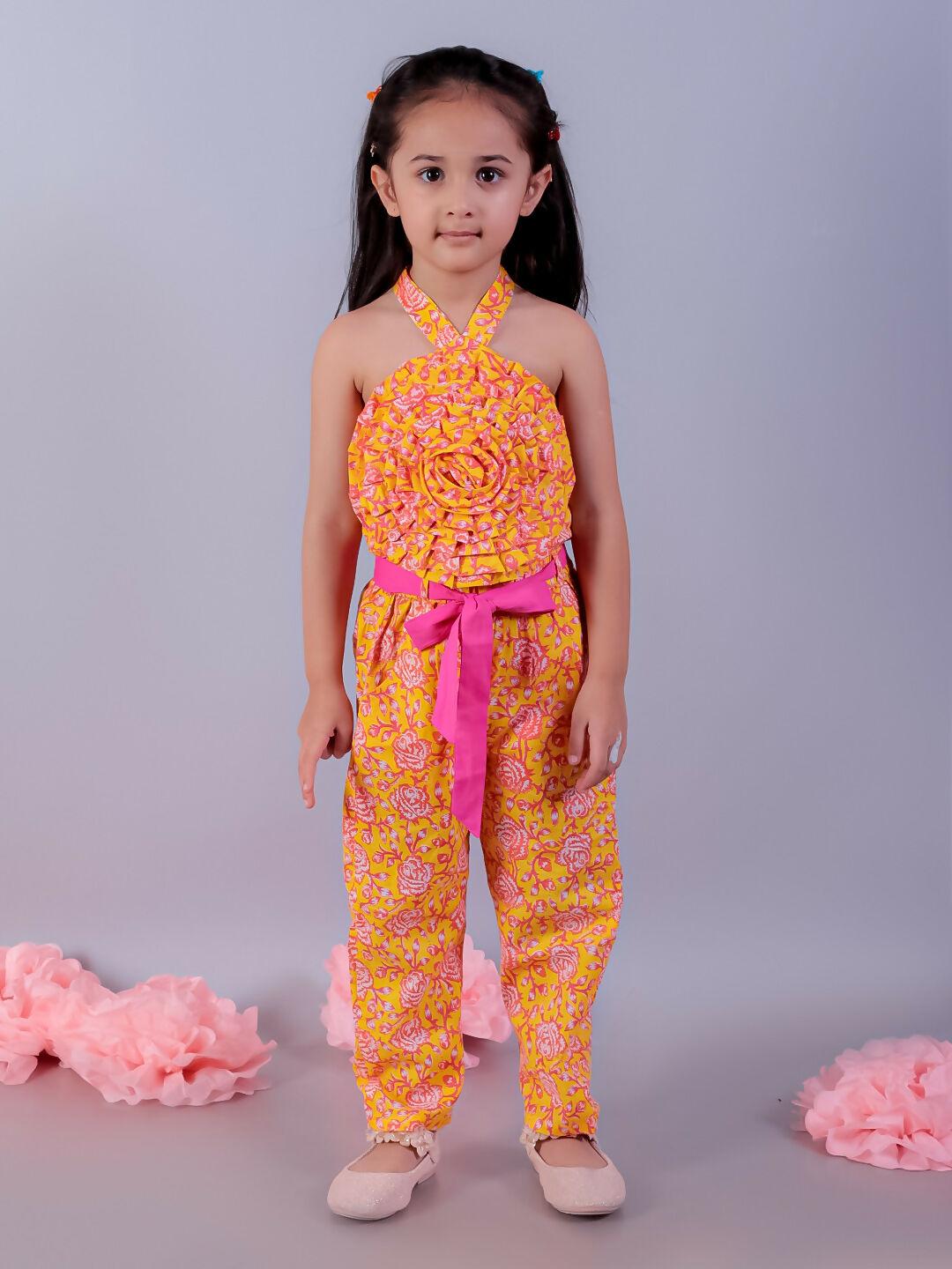 Lil Drama Jaipur Girls Yellow Printed Top with Printed Pant Co-ordinate Set