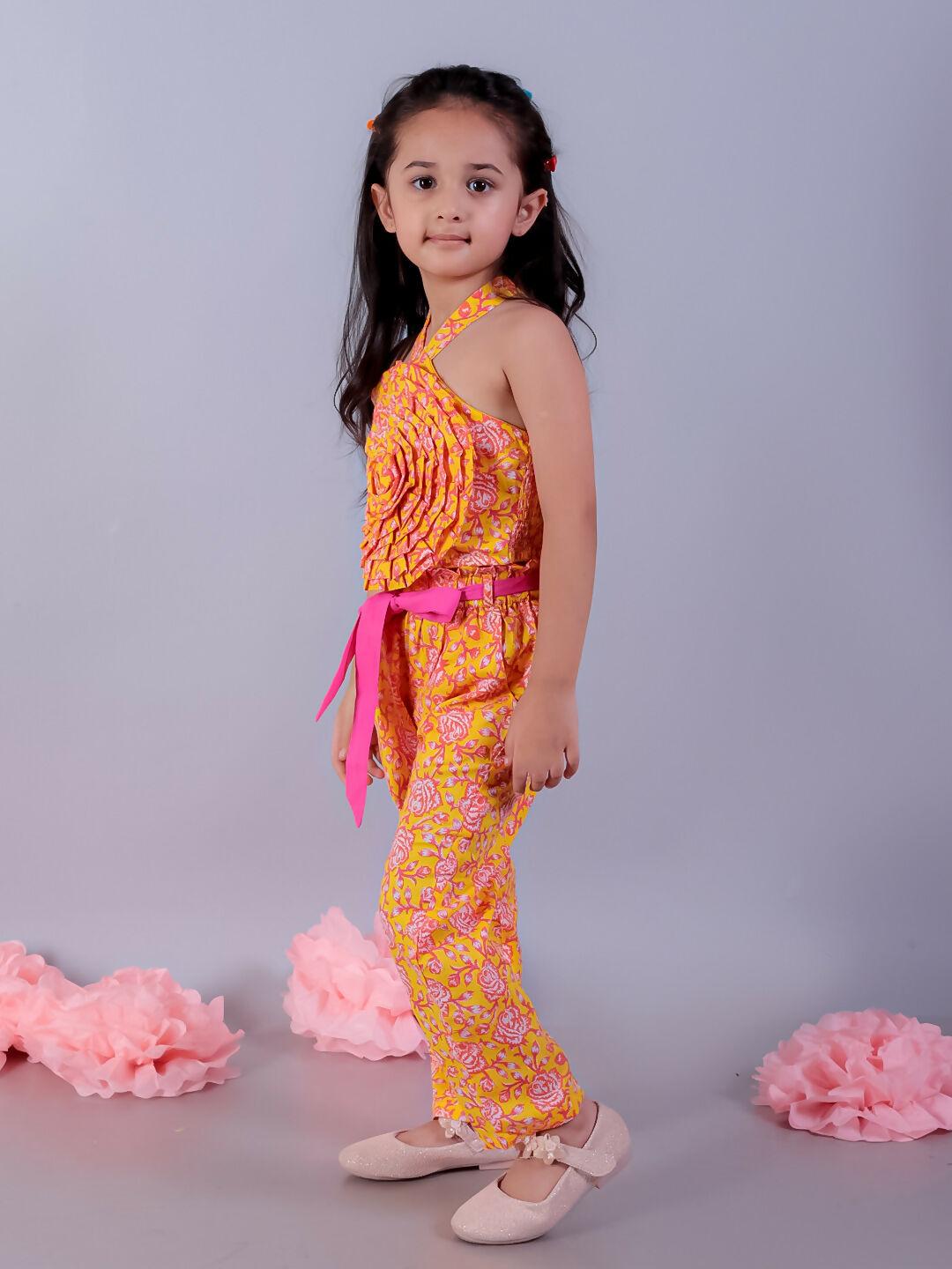 Lil Drama Jaipur Girls Yellow Printed Top with Printed Pant Co-ordinate Set