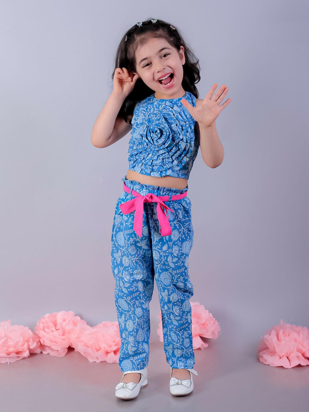 Lil Drama Jaipur Girls Blue Printed Top with Printed Pant Co-ordinate Set