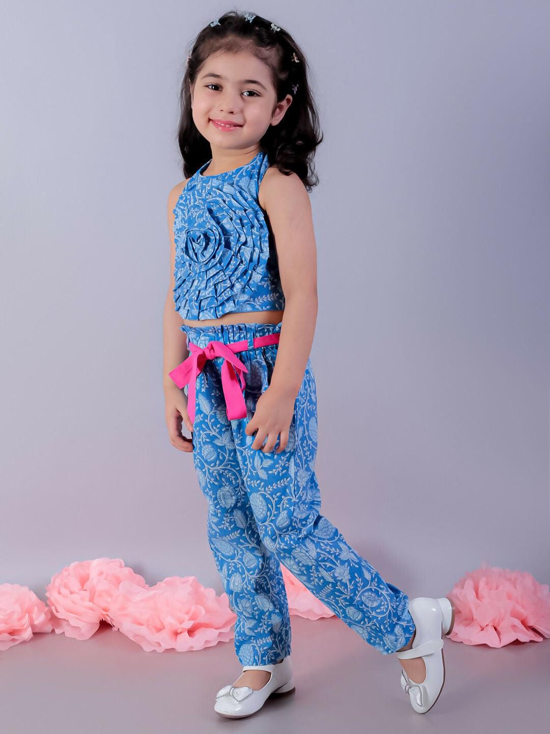 Lil Drama Jaipur Girls Blue Printed Top with Printed Pant Co-ordinate Set