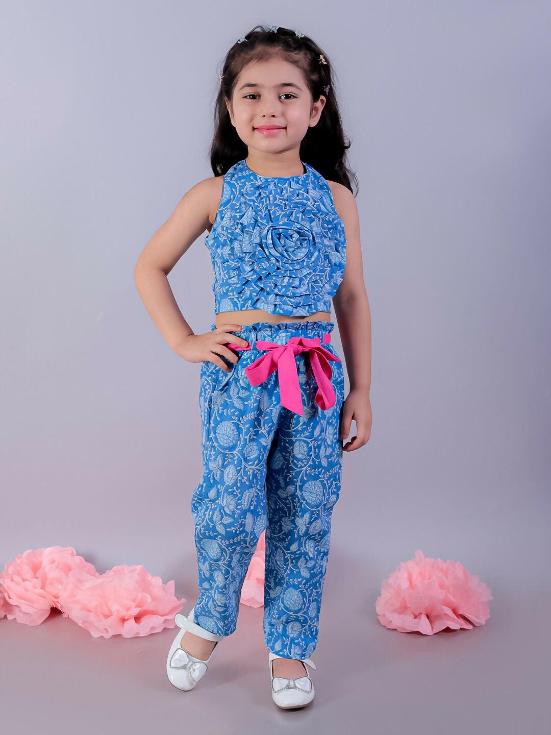 Lil Drama Jaipur Girls Blue Printed Top with Printed Pant Co-ordinate Set