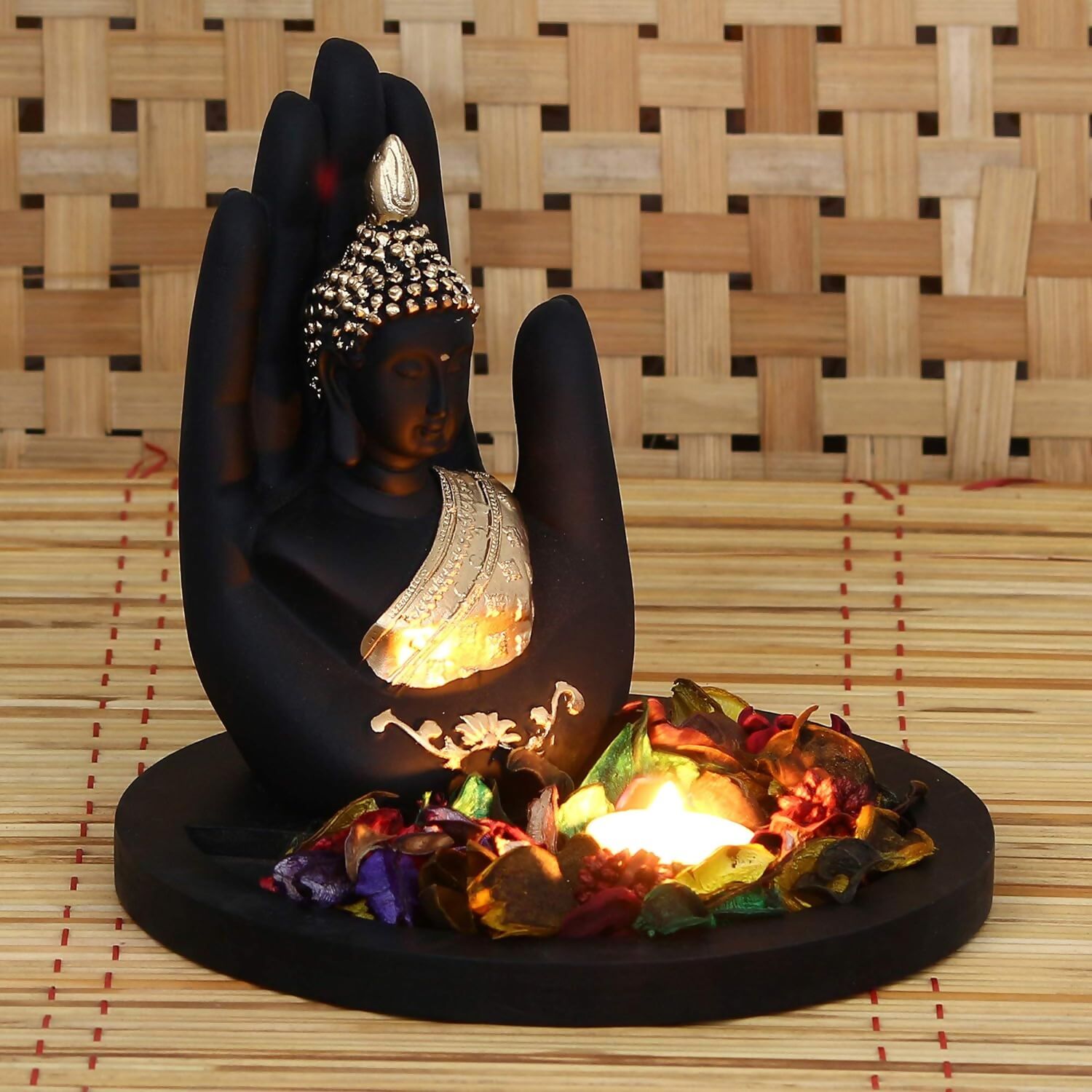 eCraftIndia Black and Golden Polyresin Palm Buddha Statue