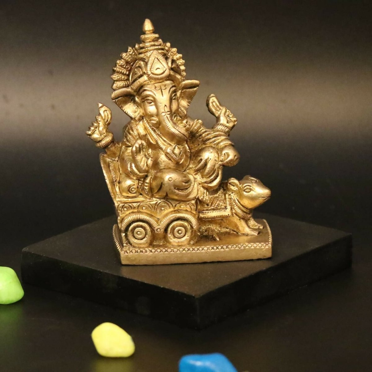 Artvarko Brass Ganesha Riding On Chariot Pulled By Rat Ganesh Ganpati Statue Idol