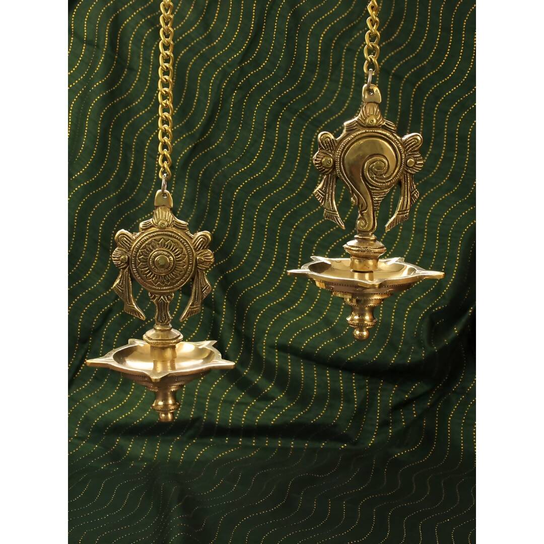 Spillbox Gold-Toned 2 Pieces Brass Shangu Chakra Diyas Wall Hanging Pooja Essentials