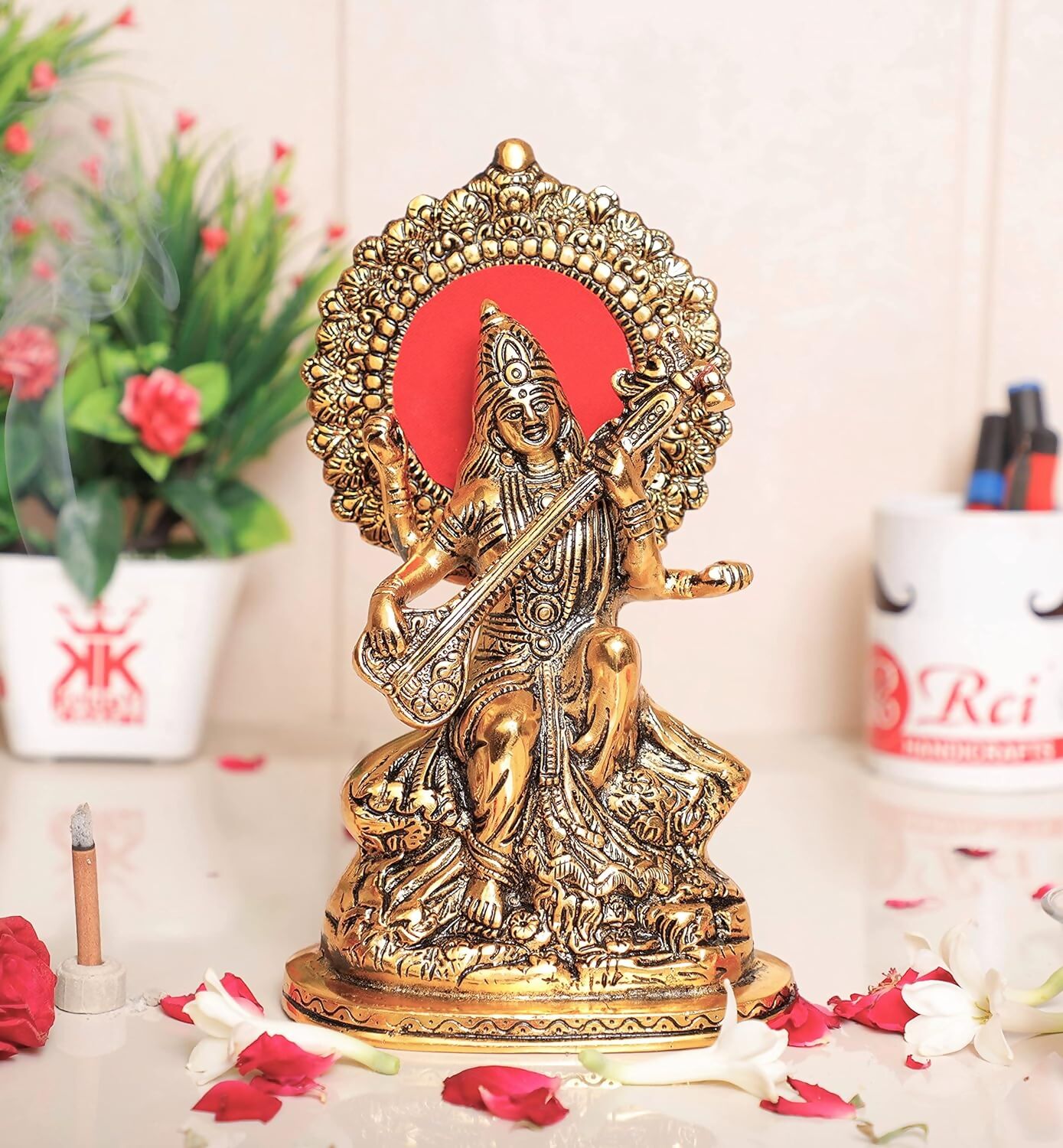 KridayKraft Gold Plated Maa Saraswati Metal Statue