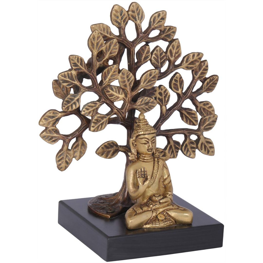 Exotic India Lord Buddha Seated On Wooden Pedestal With Bodhi Tree