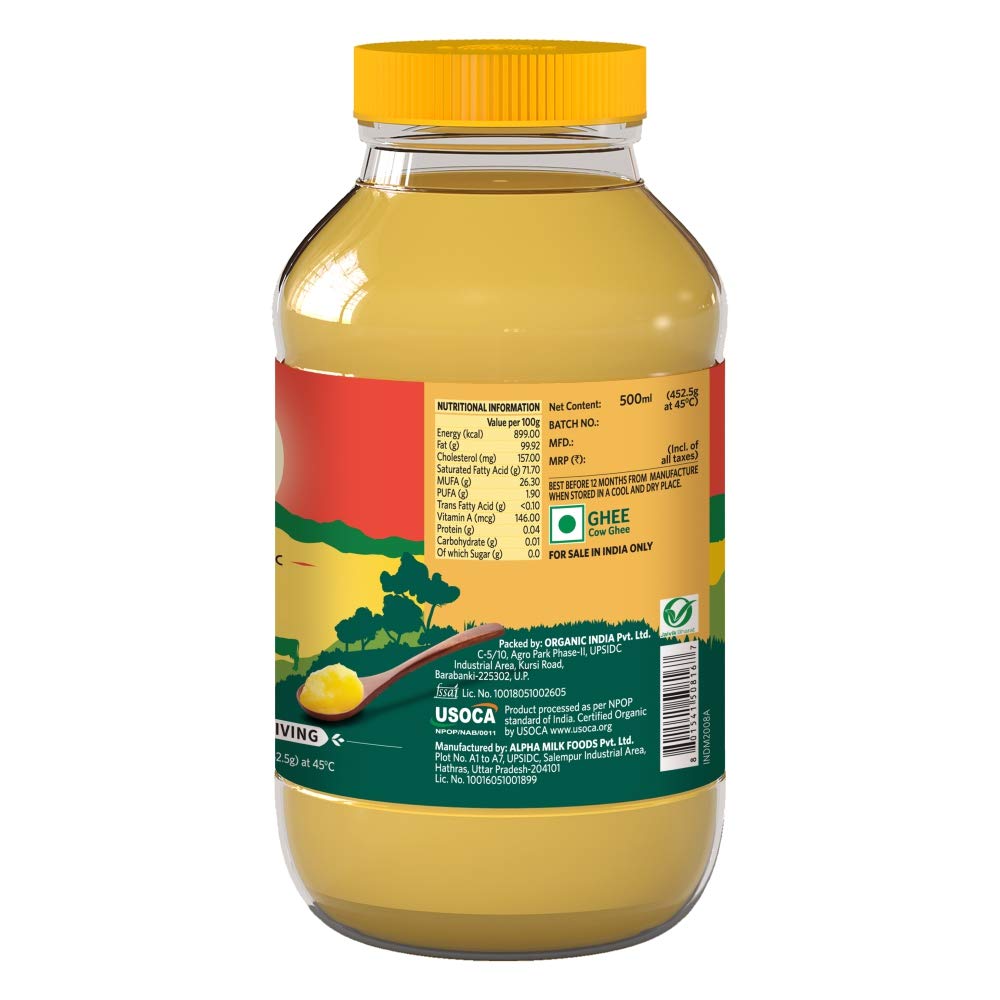 Organic India Organic Cow Ghee 500 ml Bottle | 100% Gir Cow Ghee | Vedic Bilona Method | Grassfed, Cultured, Premium & Traditional Ghee | Immunity Booster