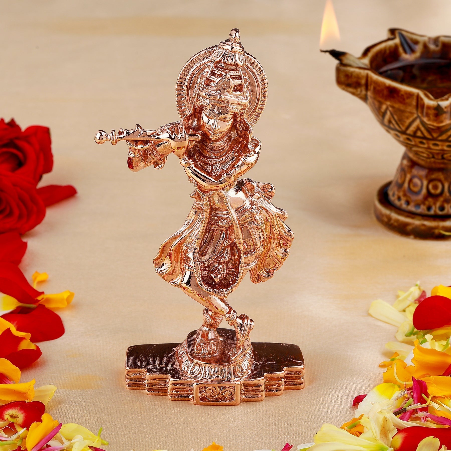 Estele Pink/Rosegold Plated Playing Flute Shri Krishna Idol/Deity|Showpiece for Pooja Mandir/Car décor