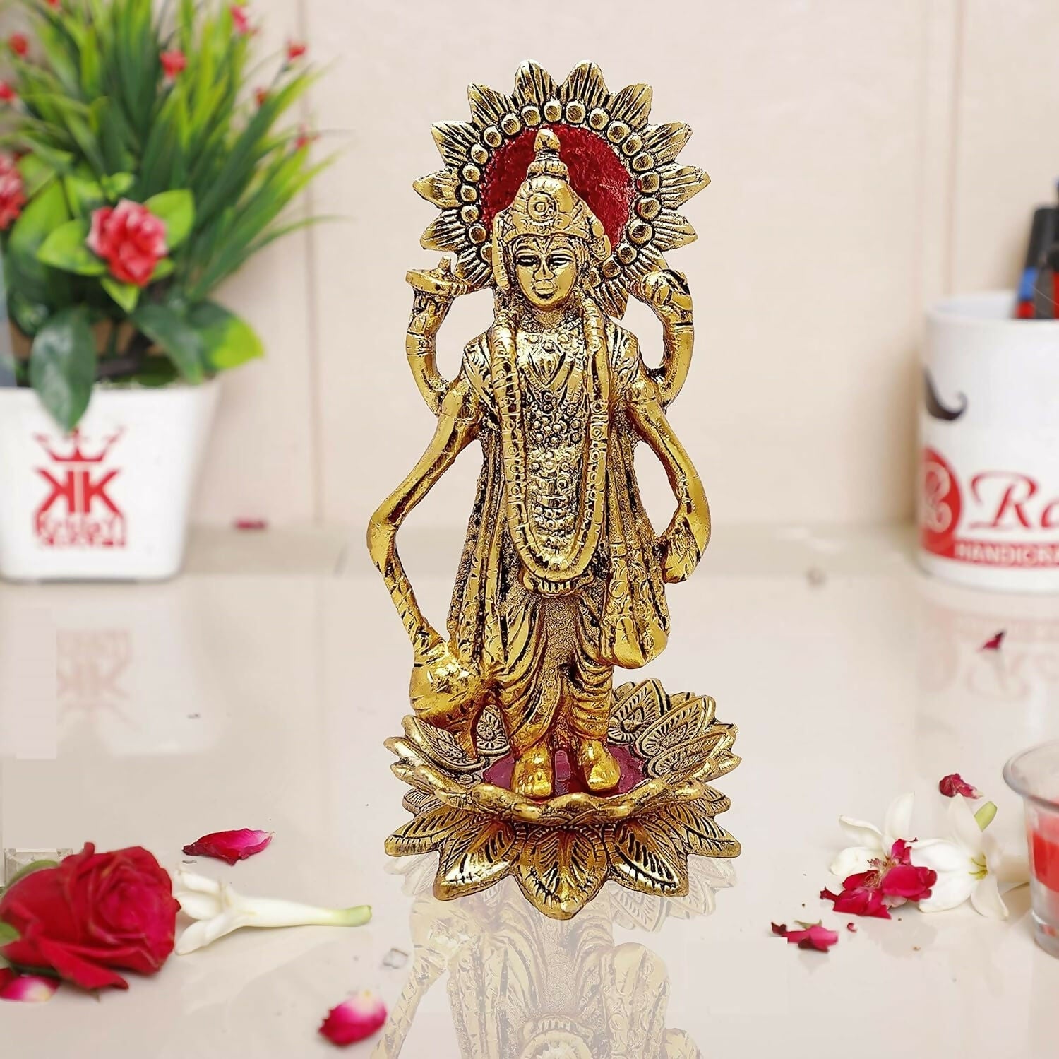 Kridaykraft Gold Plated Narayan/Vishnu Standing On Lotus Metal Statue