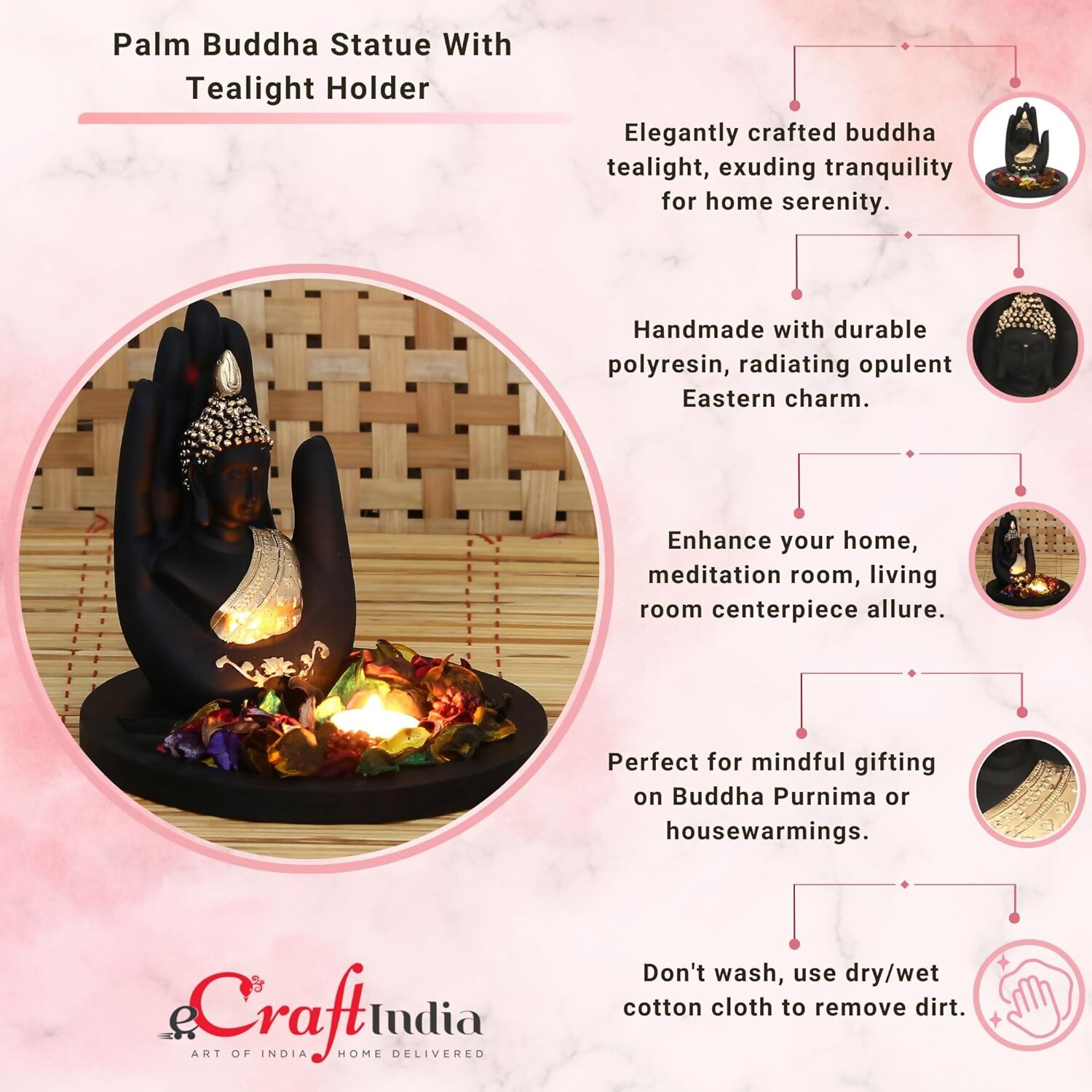 eCraftIndia Black and Golden Polyresin Palm Buddha Statue