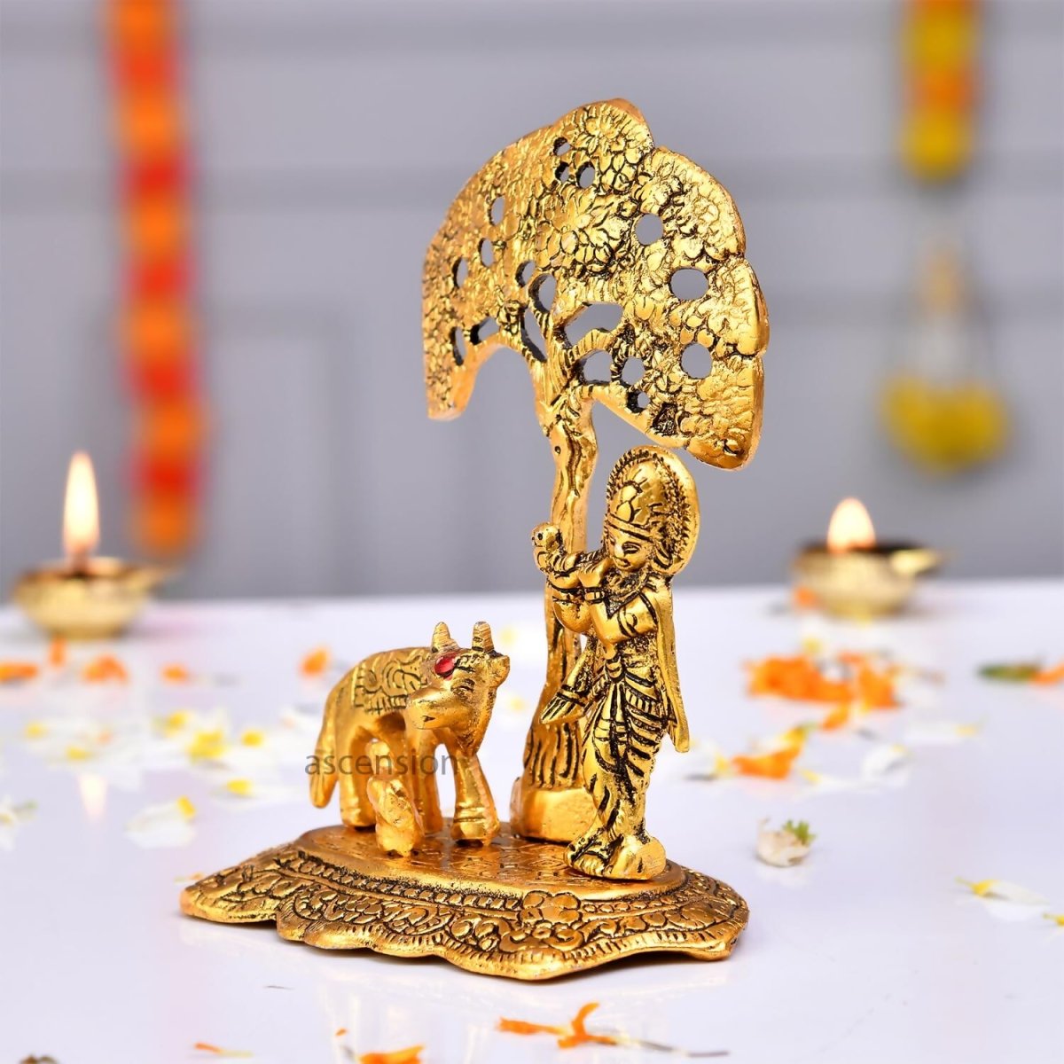 Ascension Designer Metal Cow Calf and Krishna Idol