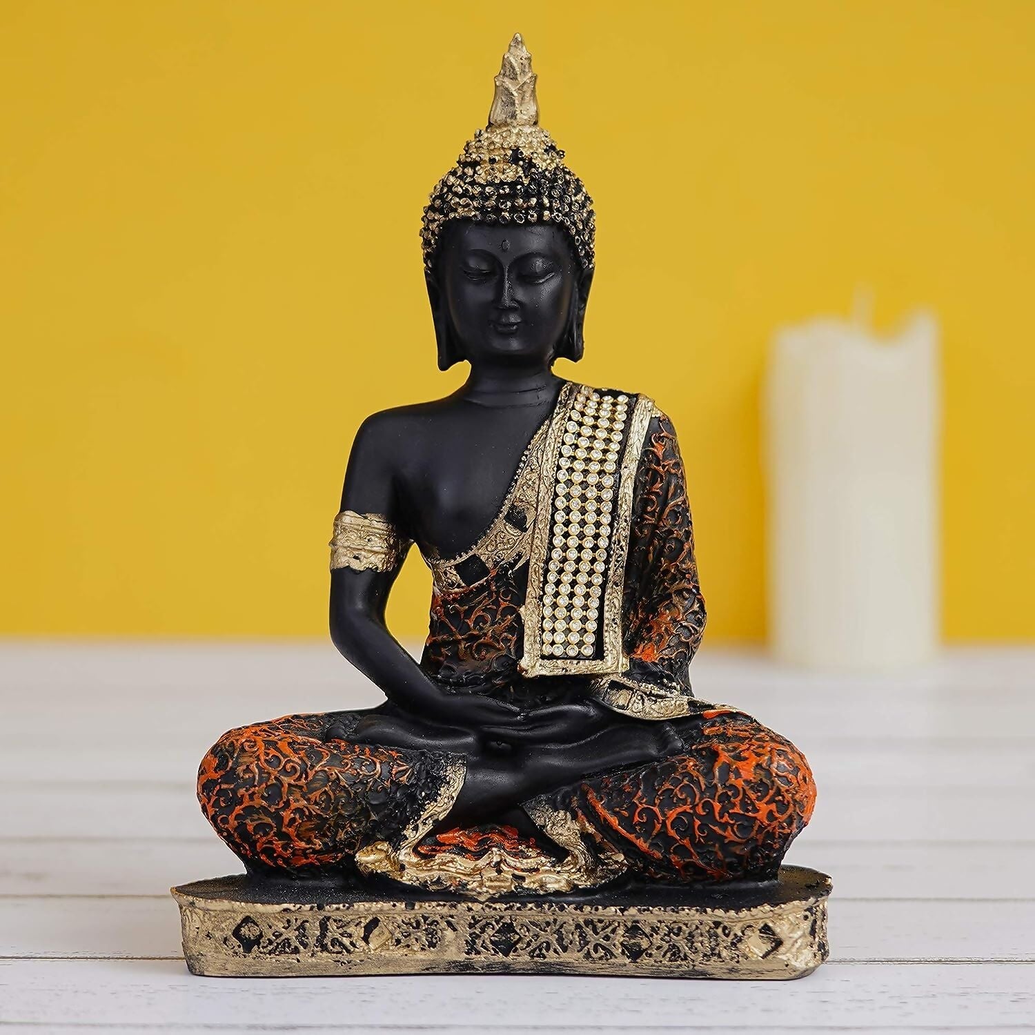 eCraftIndia Golden, Orange, and Black Polyresin Meditating Lord Buddha Statue