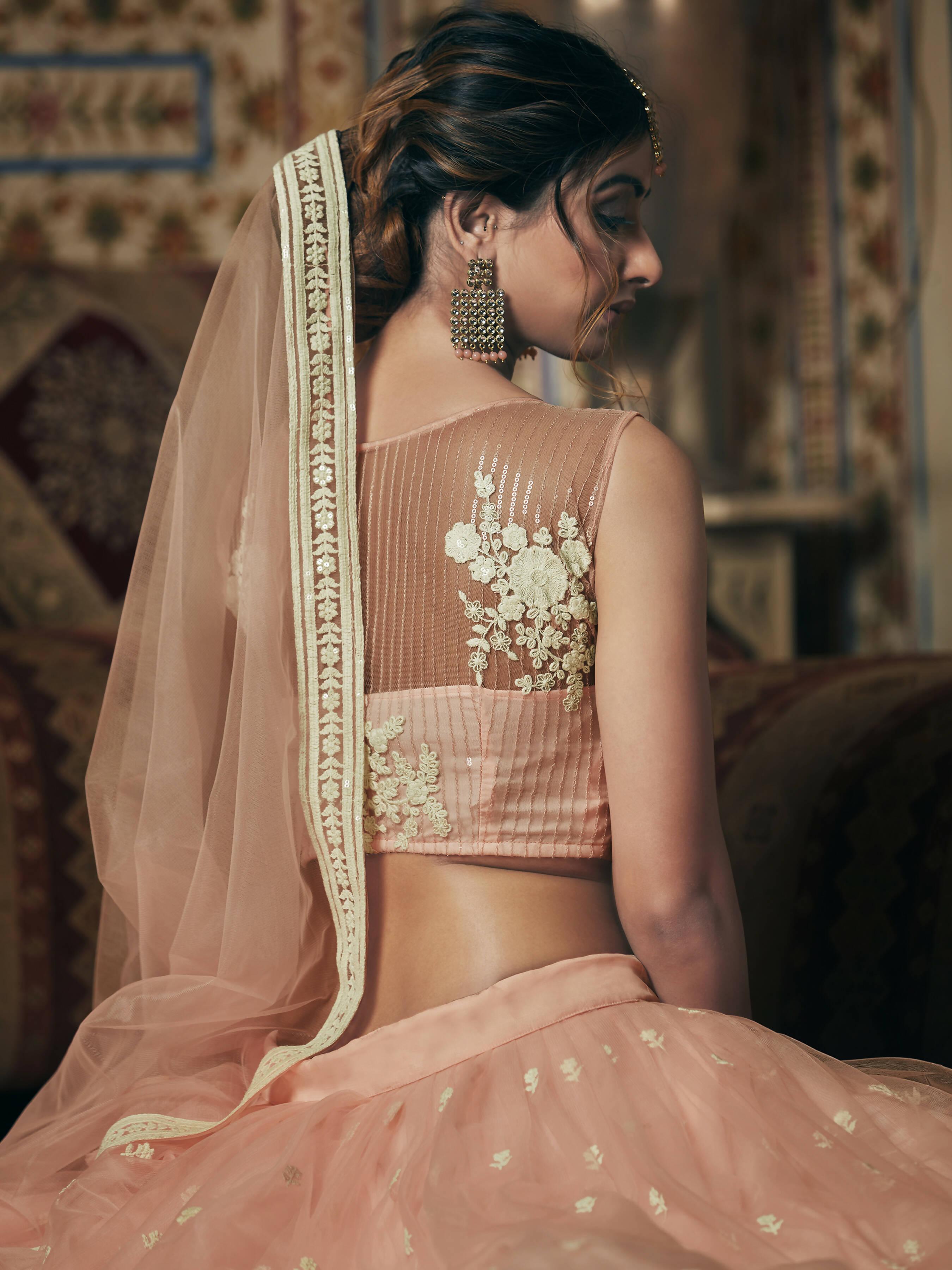 Wedding Designer Sequene Zari Resham Embroidery Peach Net Lahengha Choli - Anbazaar