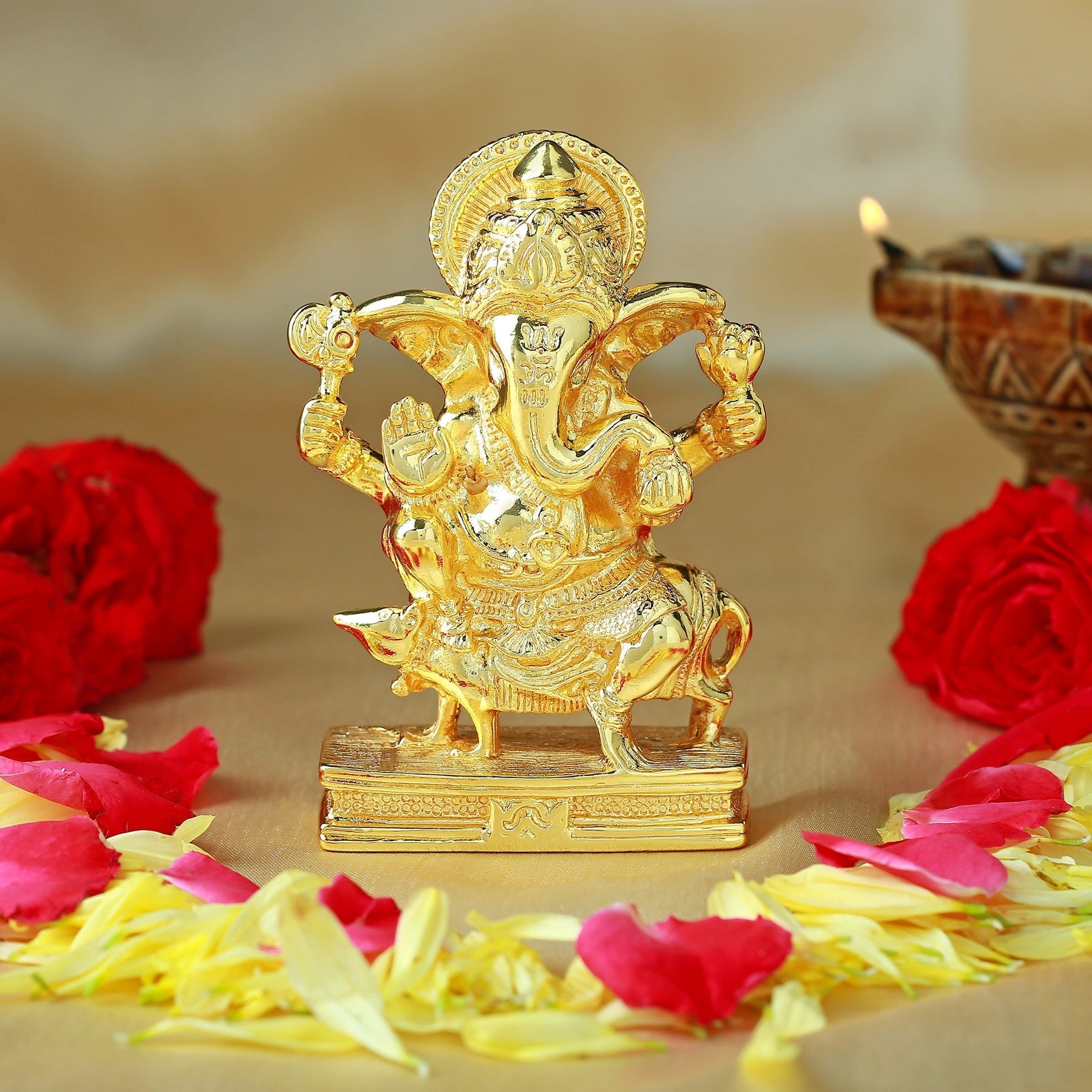 Estele Gold Plated Spiritual Lord Ganesh Idol/Deity|Showpiece for Pooja Mandir/Car décor