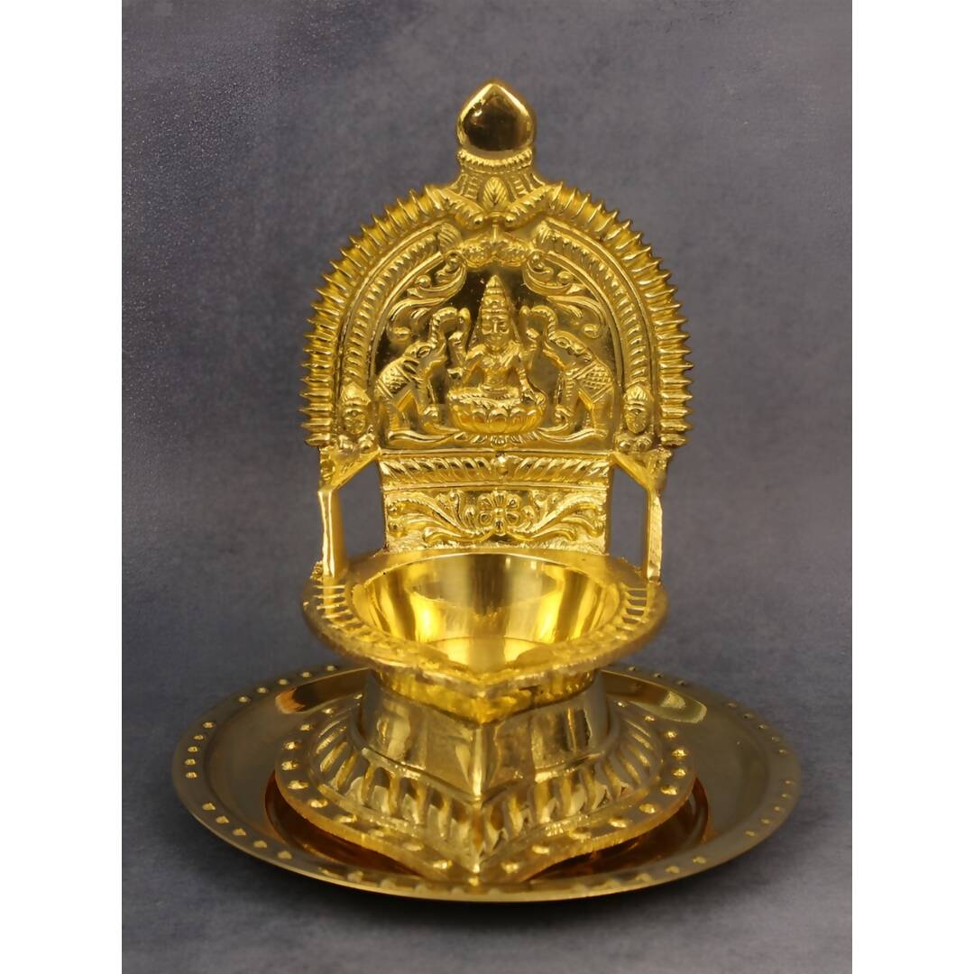 Spillbox Gold Toned Kamachi Diya With Plate Pooja Essentials