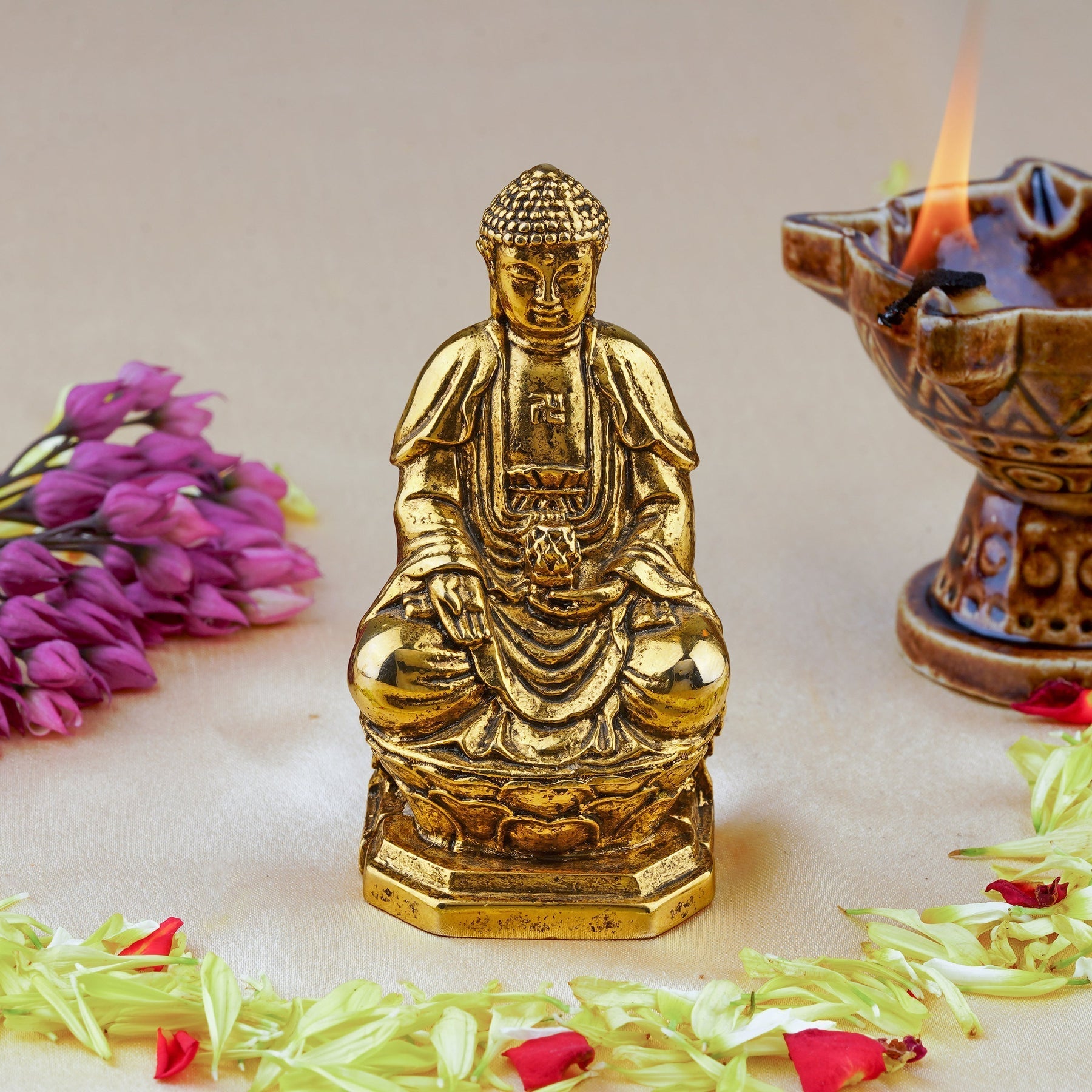 Estele Gold Plated Antique Lord Gautam Buddha Meditating Idol statue for Home Decor/ work place