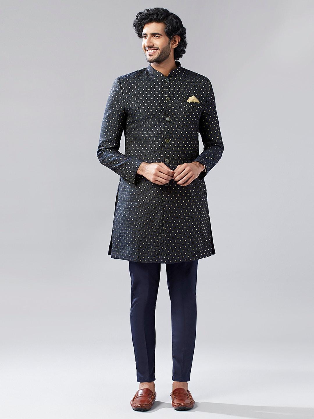 KISAH Men Ethnic Motifs Woven Design Pure Cotton Sherwani With Trouser