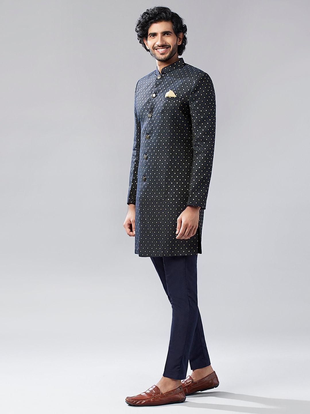 KISAH Men Ethnic Motifs Woven Design Pure Cotton Sherwani With Trouser