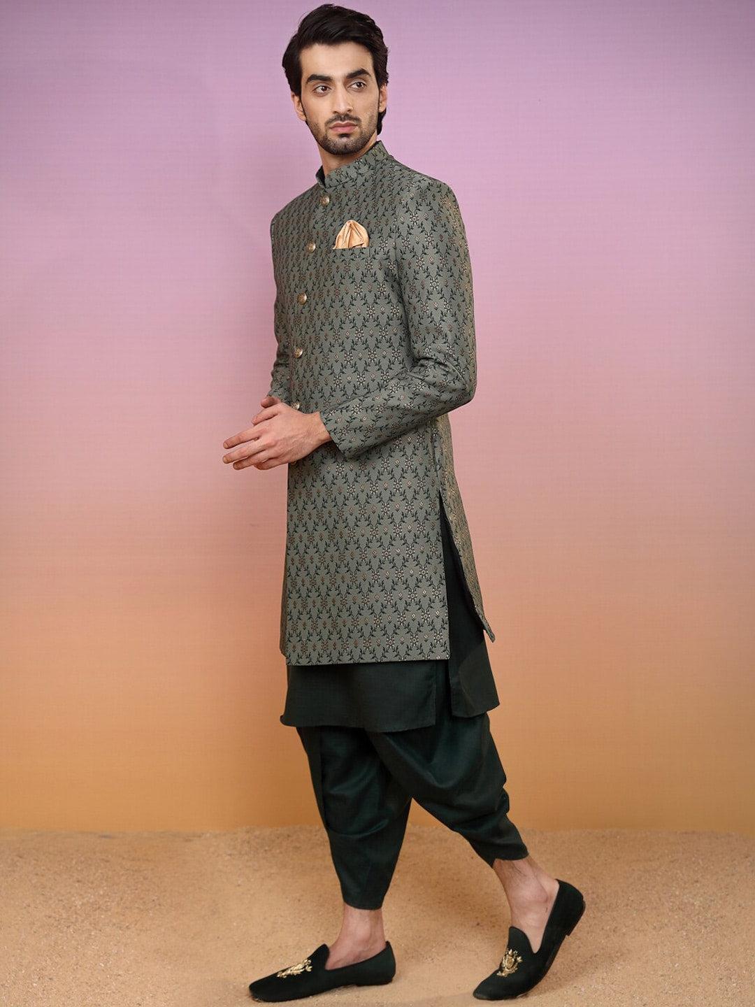 KISAH Ethnic Motifs Printed Mandarin Collar Sherwani Set