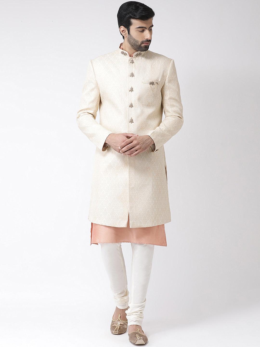 KISAH Men Cream Coloured & Peach Coloured Ethnic Motif Sherwani Set