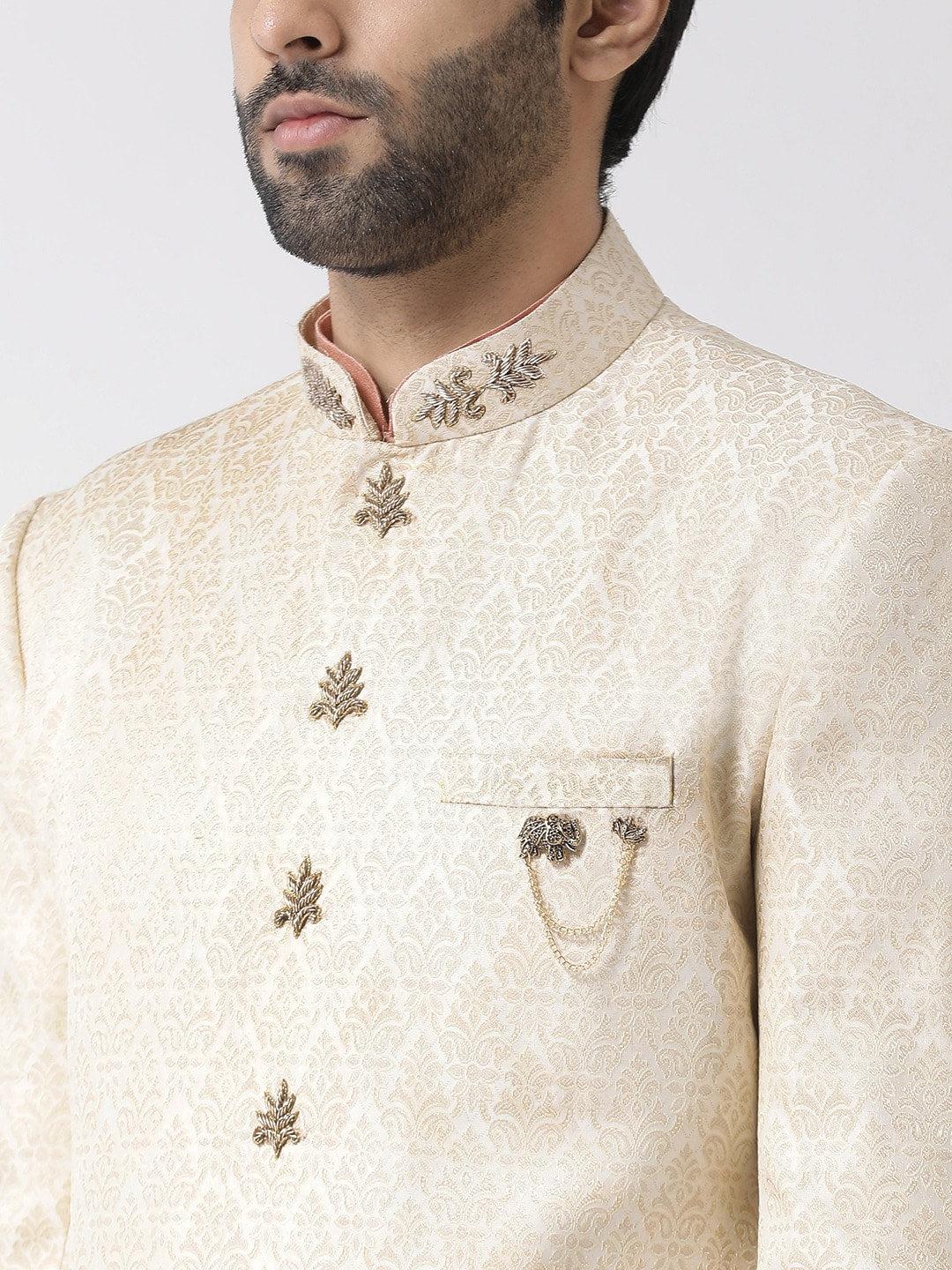 KISAH Men Cream Coloured & Peach Coloured Ethnic Motif Sherwani Set