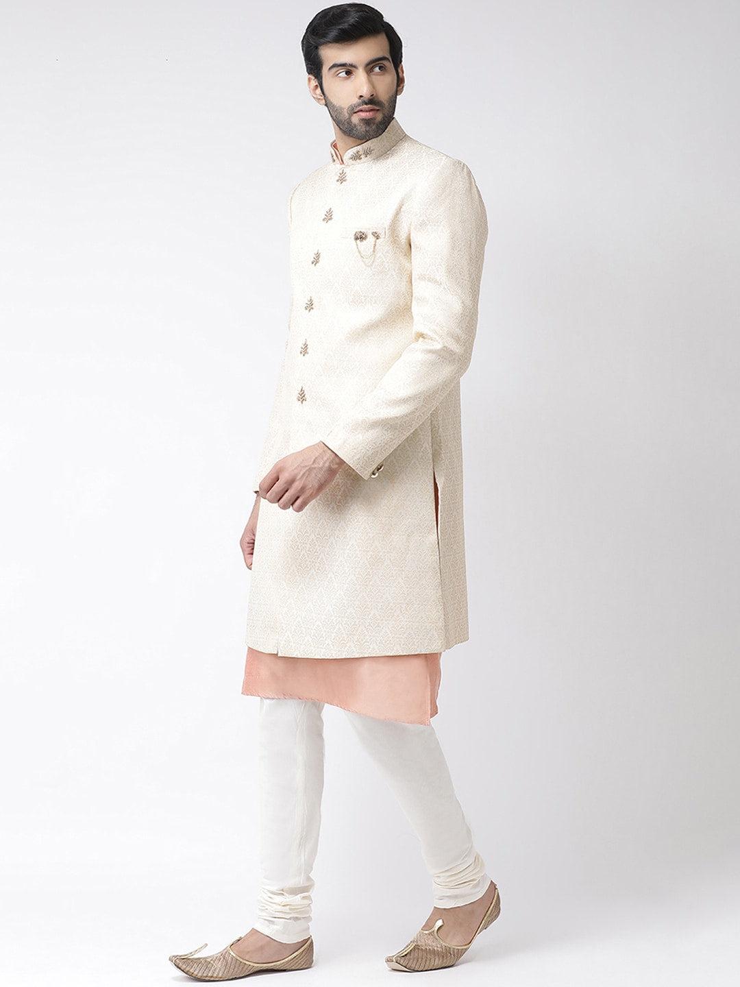 KISAH Men Cream Coloured & Peach Coloured Ethnic Motif Sherwani Set