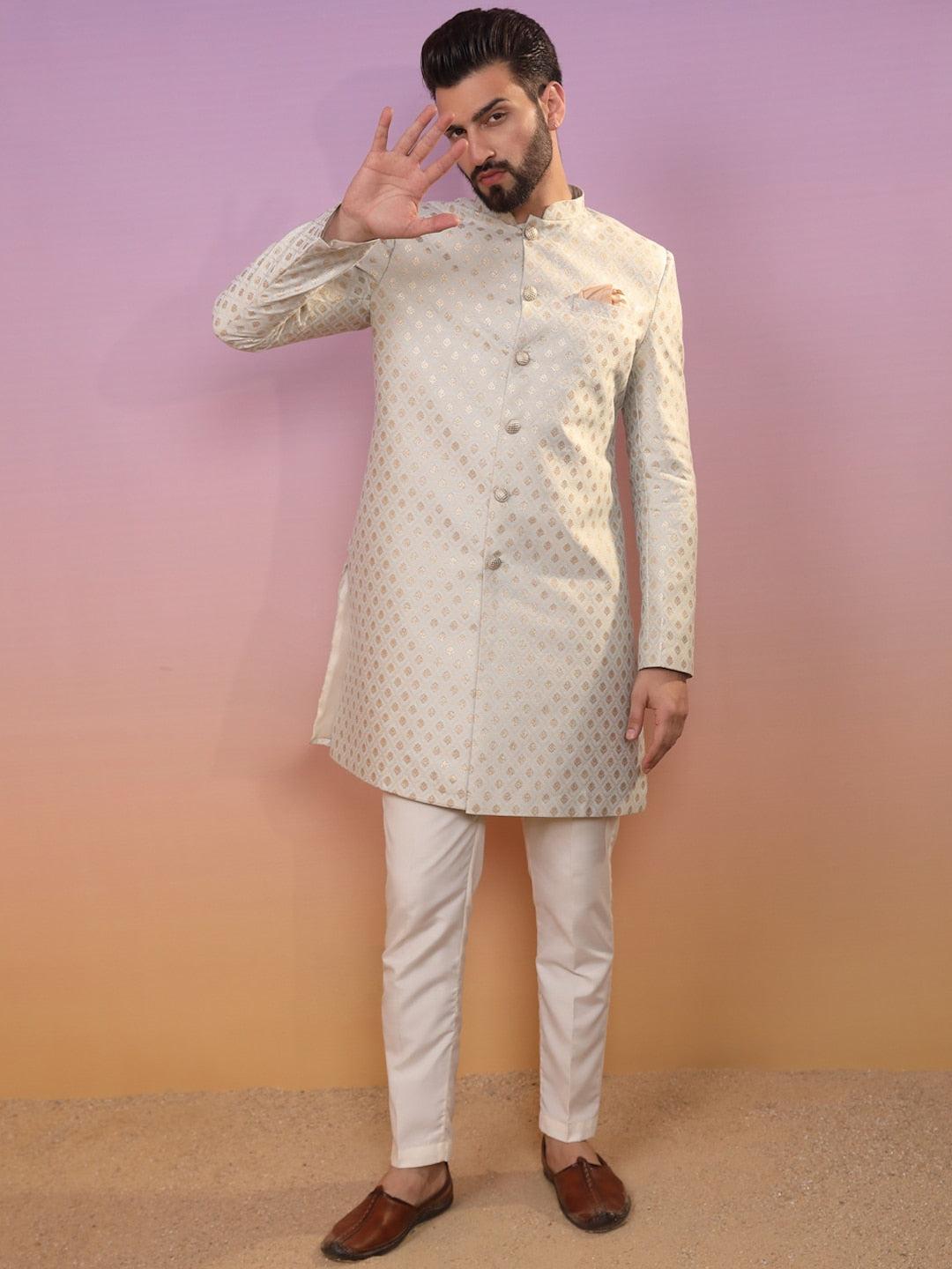 KISAH Ethnic Motifs Woven Design Mandarin Collar Sherwani Set