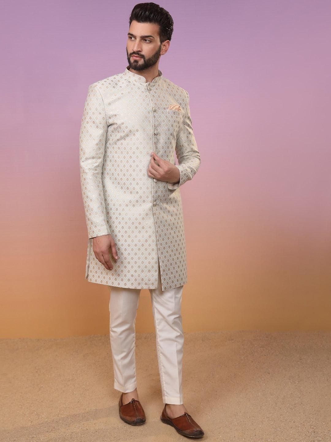 KISAH Ethnic Motifs Woven Design Mandarin Collar Sherwani Set