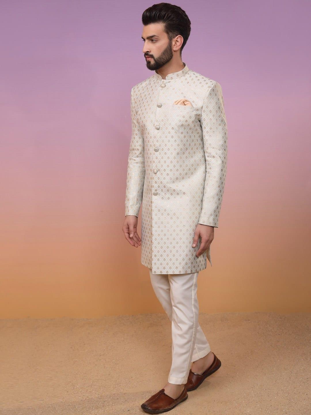 KISAH Ethnic Motifs Woven Design Mandarin Collar Sherwani Set