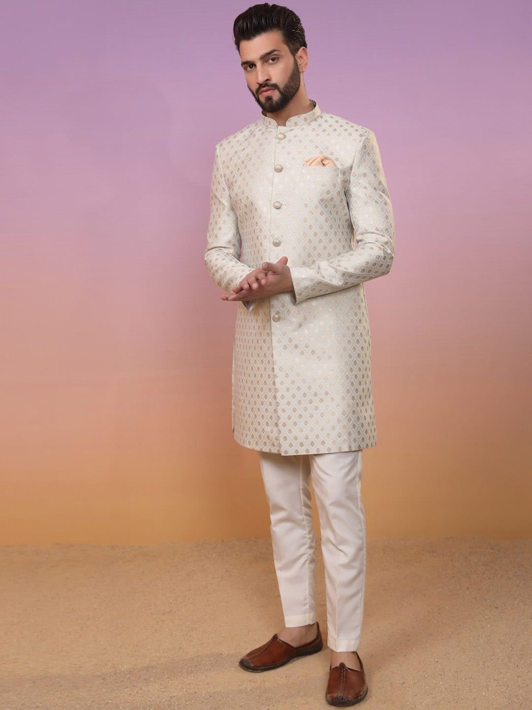 KISAH Ethnic Motifs Woven Design Mandarin Collar Sherwani Set