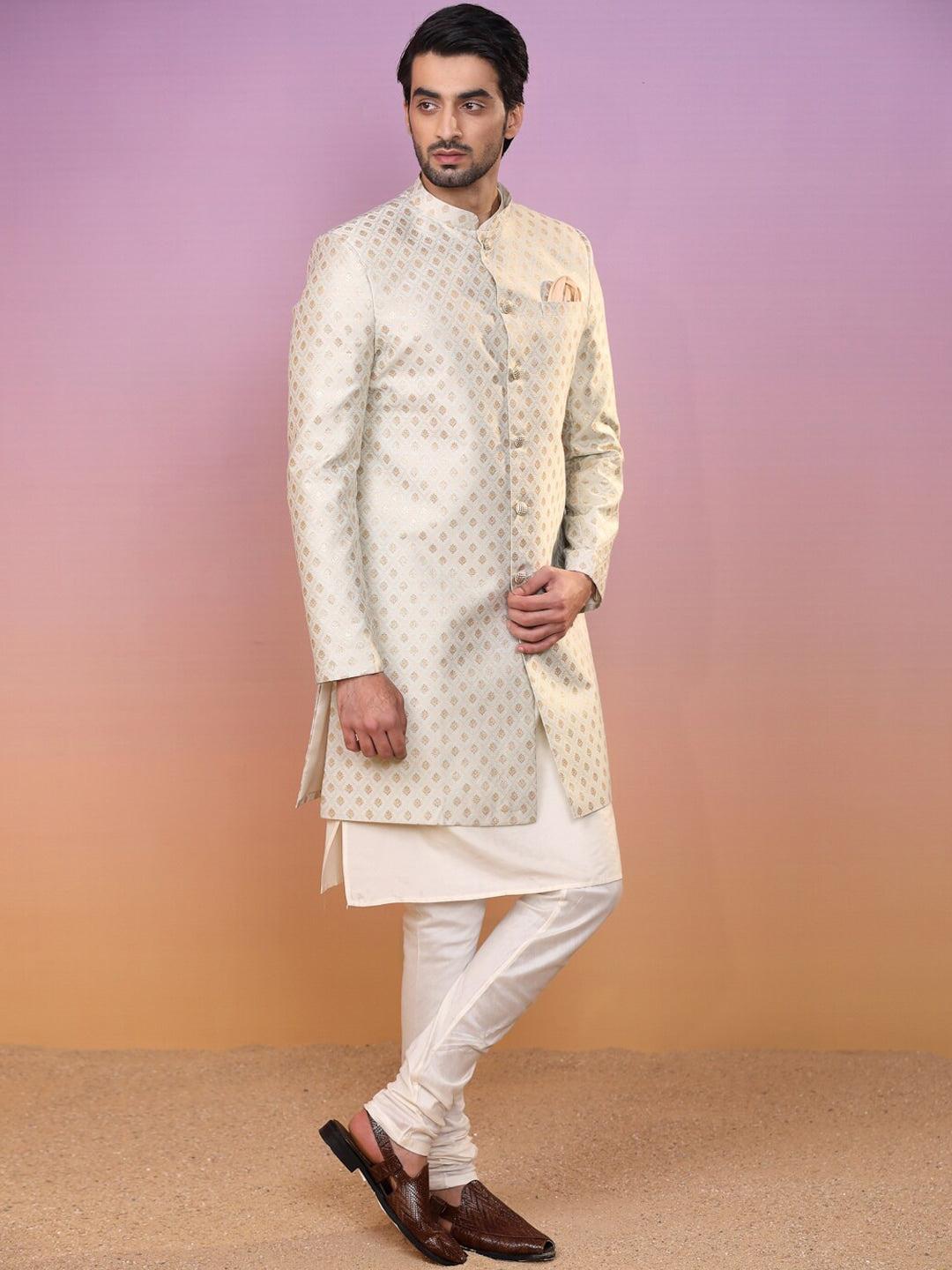 KISAH Ethnic Motifs Woven Design Mandarin Collar Sherwani Set