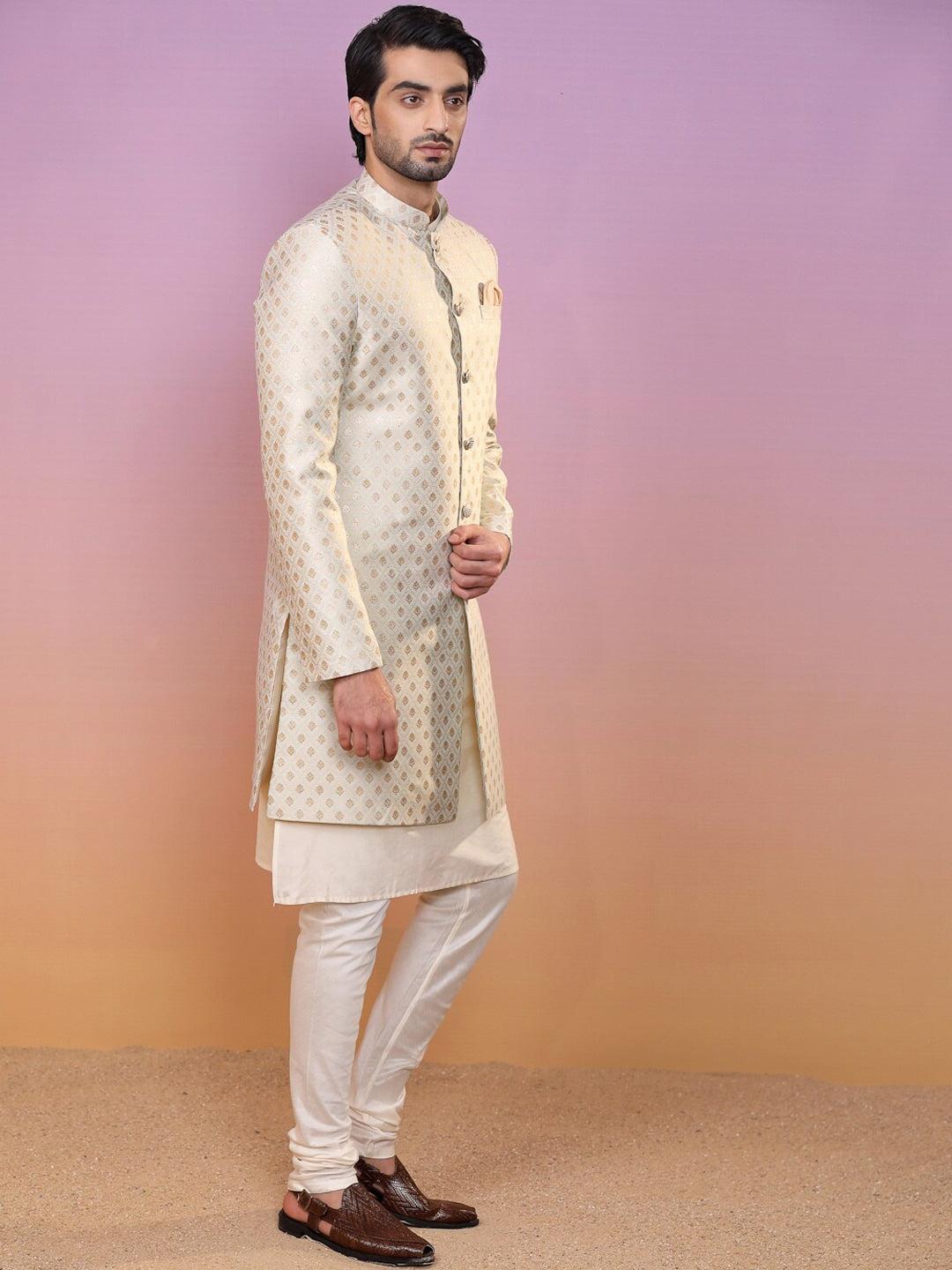 KISAH Ethnic Motifs Woven Design Mandarin Collar Sherwani Set