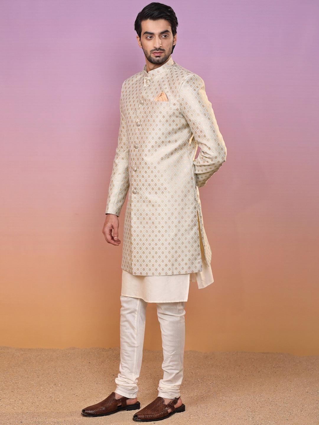 KISAH Ethnic Motifs Woven Design Mandarin Collar Sherwani Set