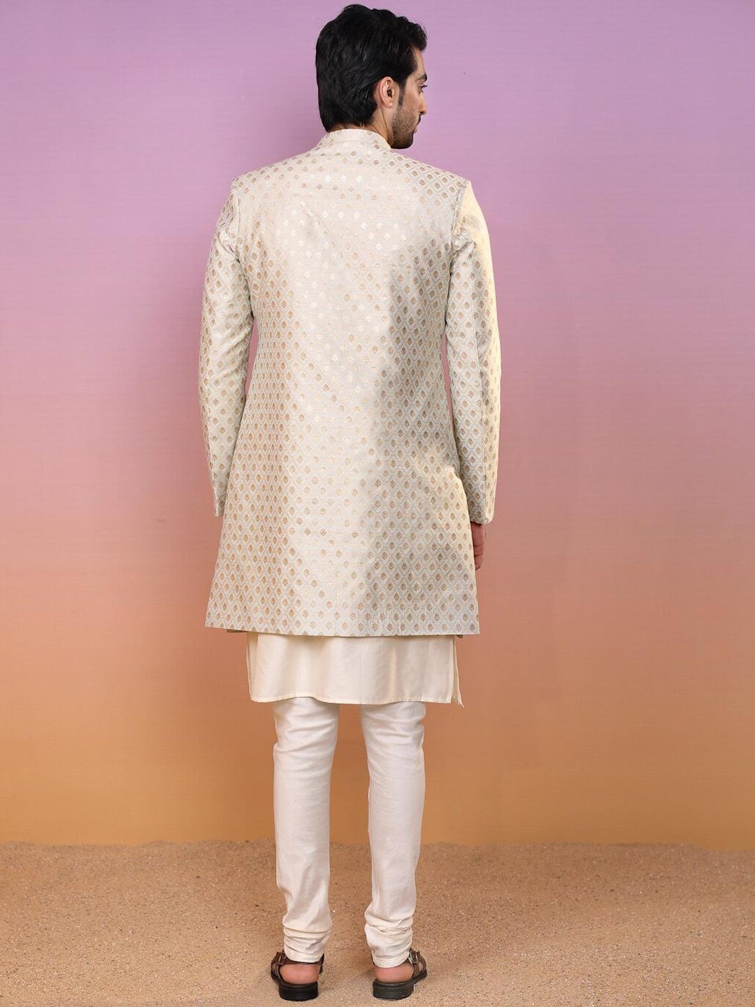 KISAH Ethnic Motifs Woven Design Mandarin Collar Sherwani Set