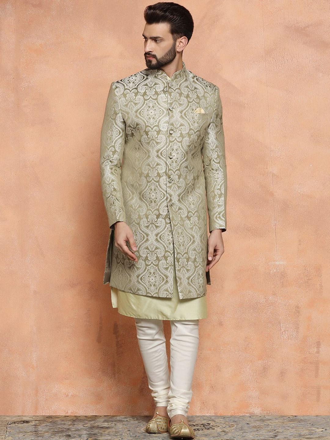 KISAH Ethnic Motifs Woven Design Mandarin Collar Sherwani Set